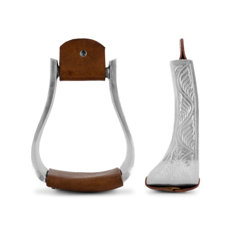 Staffe western in alluminio, pedane rivestite in cuoio, con decorazioni