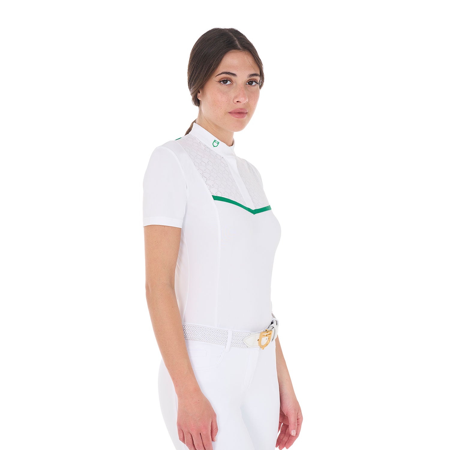 Equestro women's knit tape competition polo shirt ss buttons - Colore WHITE/ULTRAMARINE GREEN (18-5338)