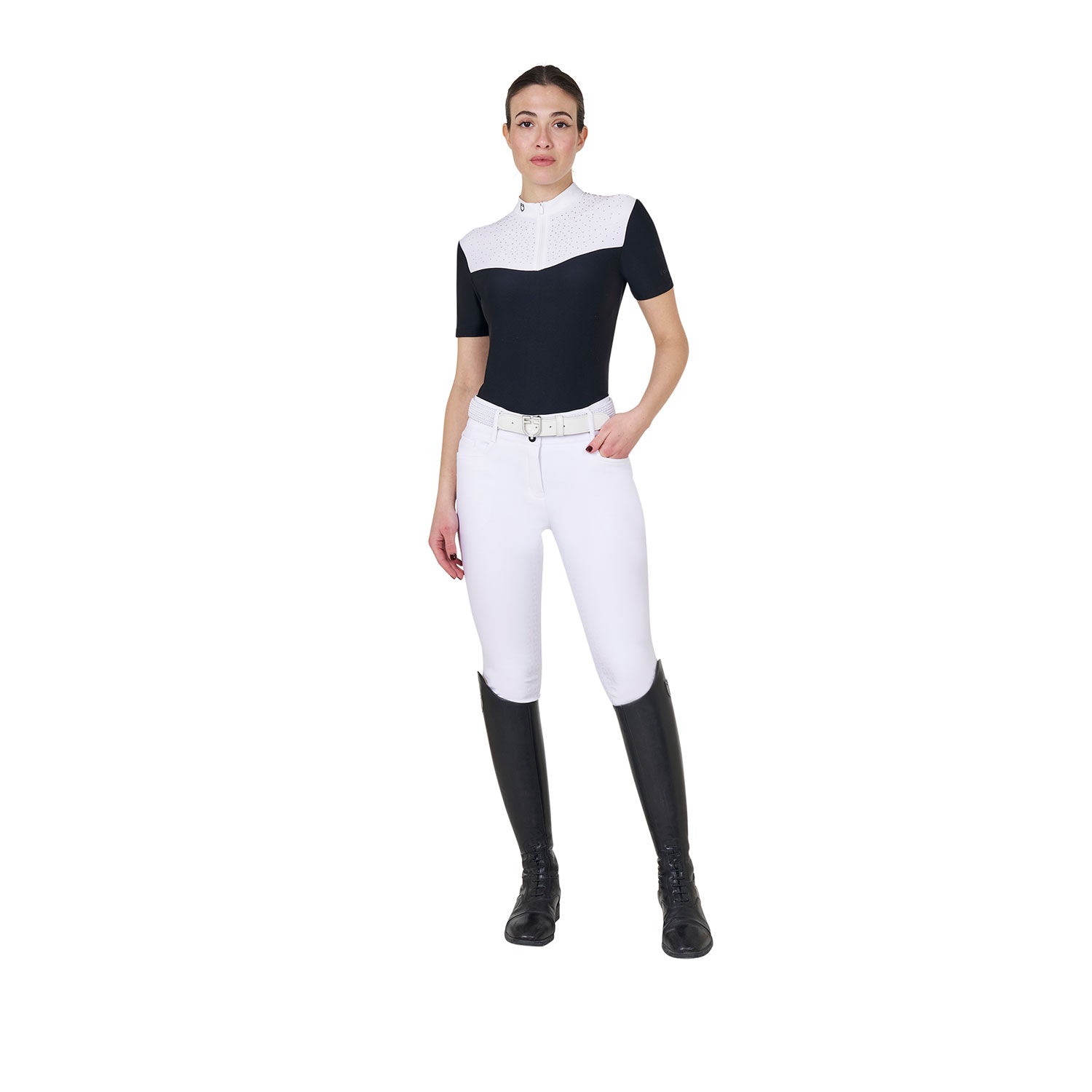 Equestro women's black label collection competition strass polo shirt ss zip - Colore BLACK
