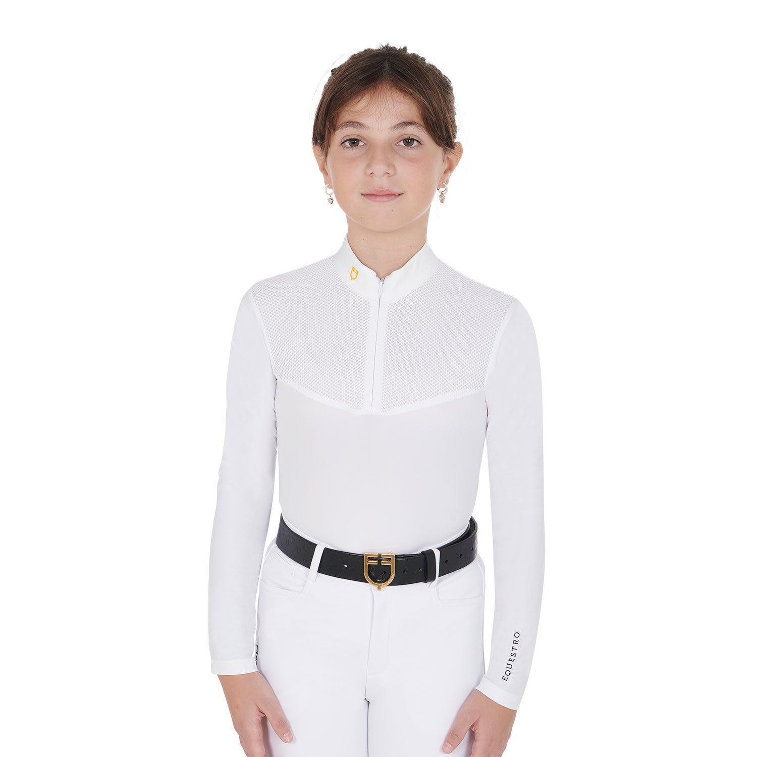 Polo bambina Equestro con colletto alla coreana e maniche lunghe in tessuto tecnico