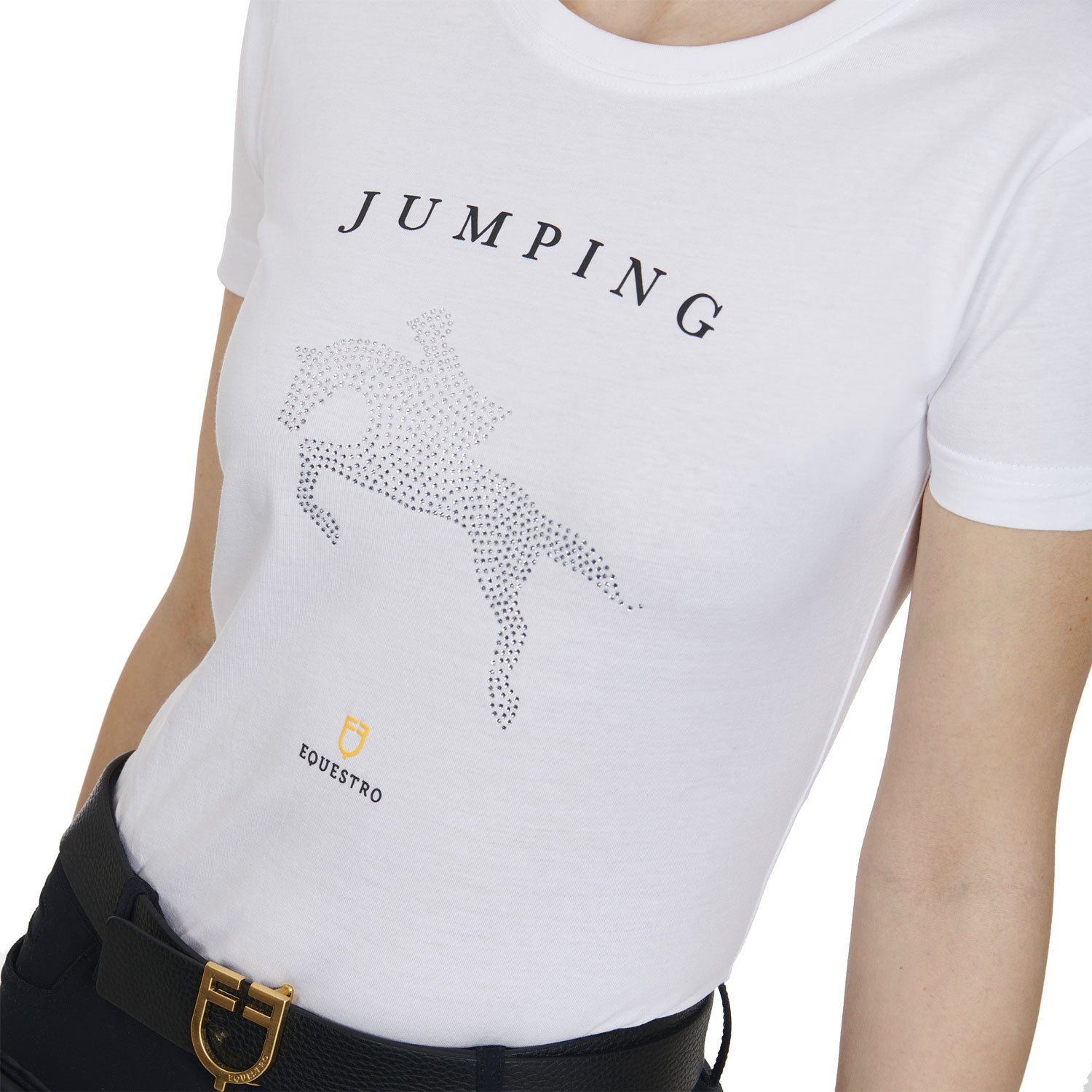 T-shirt donna slim fit disegno salto con strass