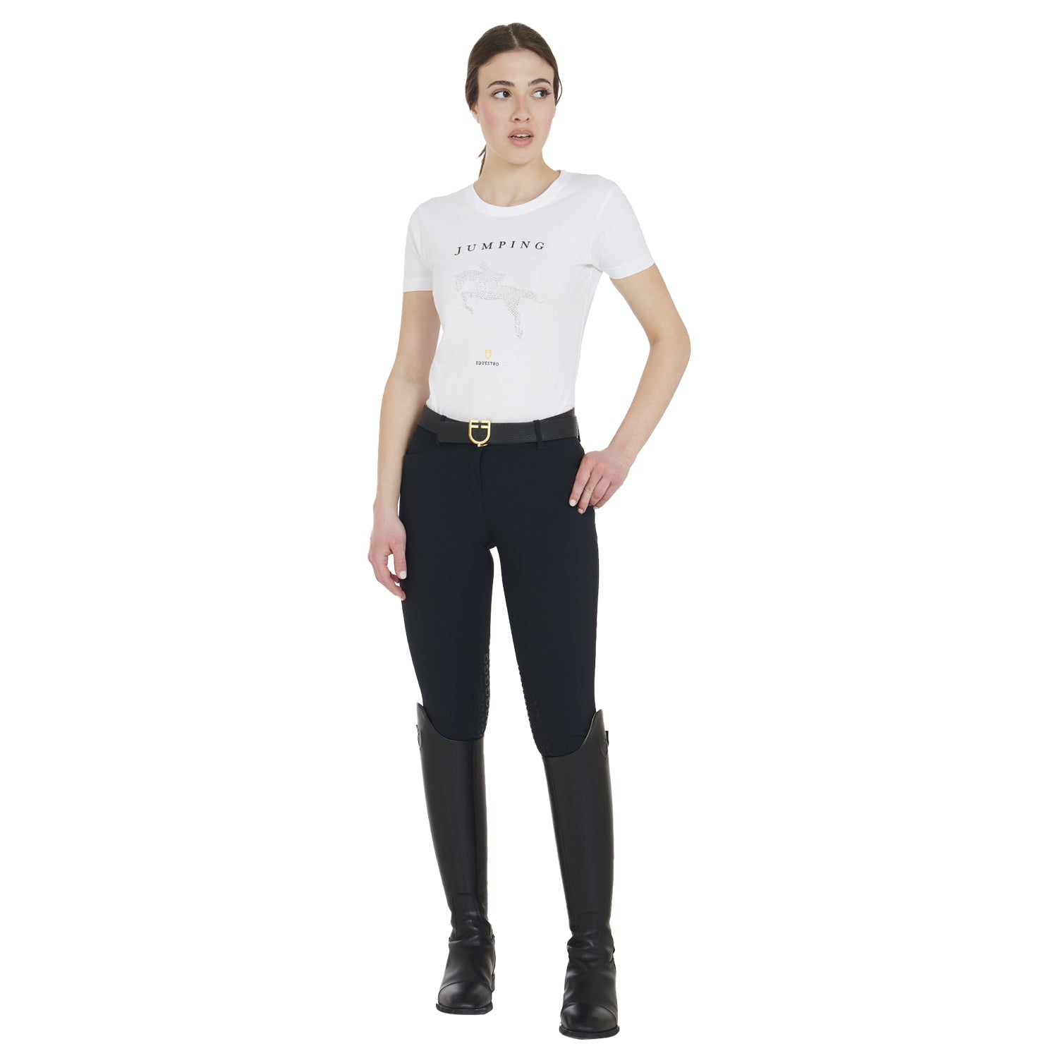 T-shirt donna slim fit disegno salto con strass