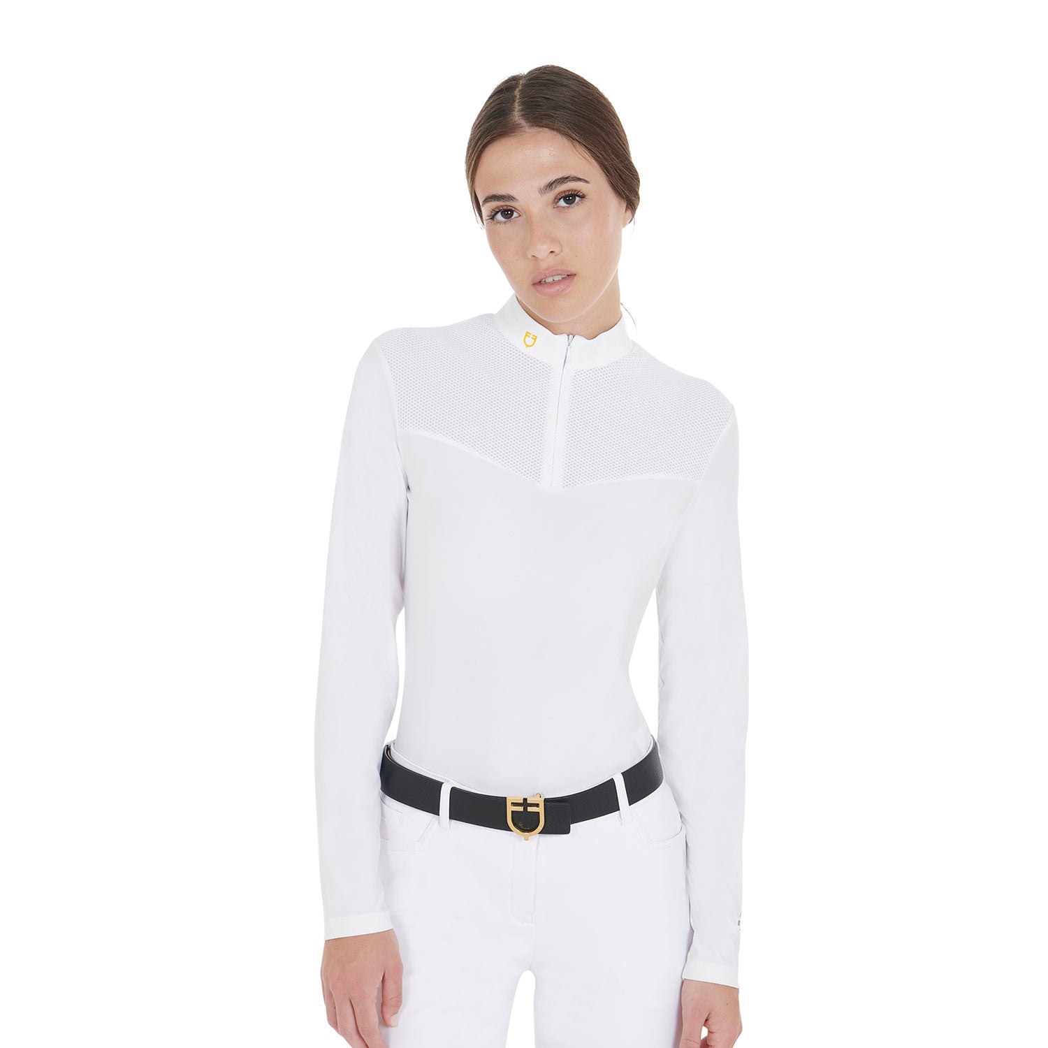 Polo da donna slim fit in tessuto tecnico e mesh a manica lunga Equestro