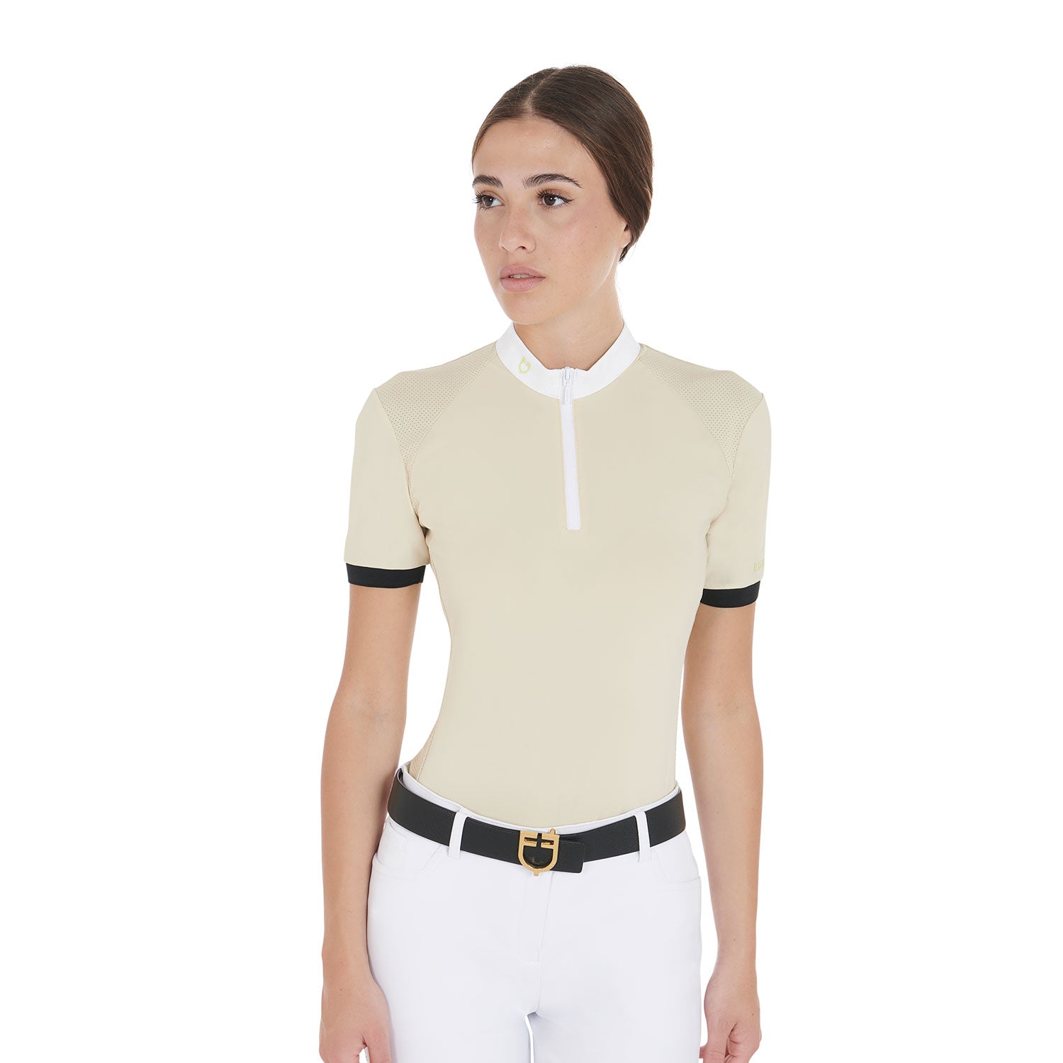 Polo donna slim fit Equestro in tessuto tecnico con spallini a contrasto