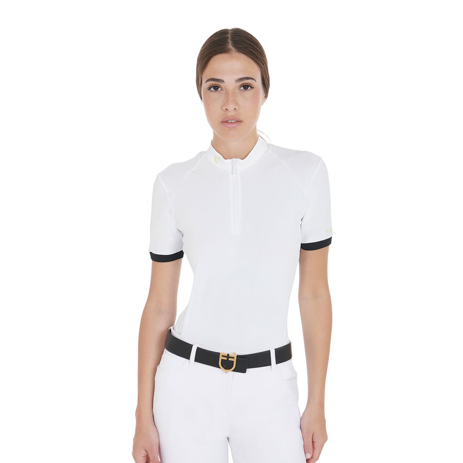 Polo donna slim fit Equestro in tessuto tecnico con spallini a contrasto