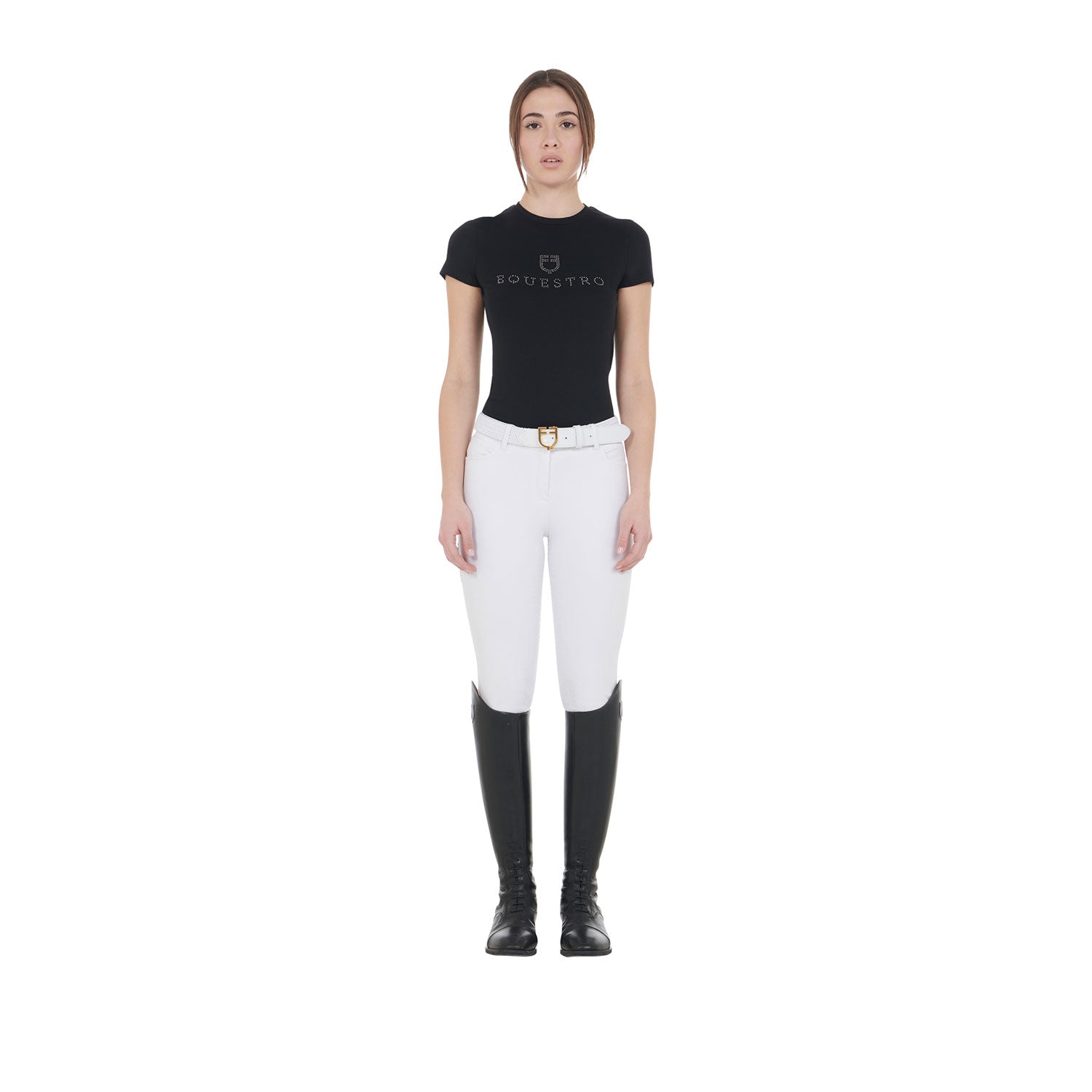 T-shirt donna slim fit in cotone con stampa Equestro strass sul petto
