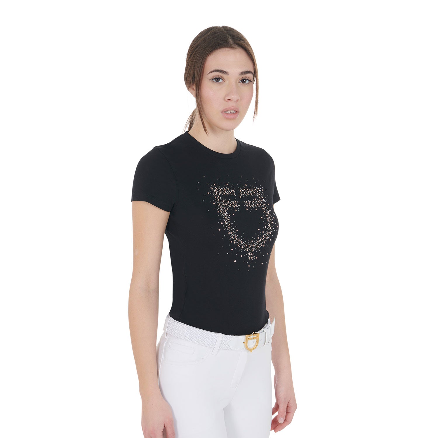 T-shirt donna slim fit logo Equestro strass rosa