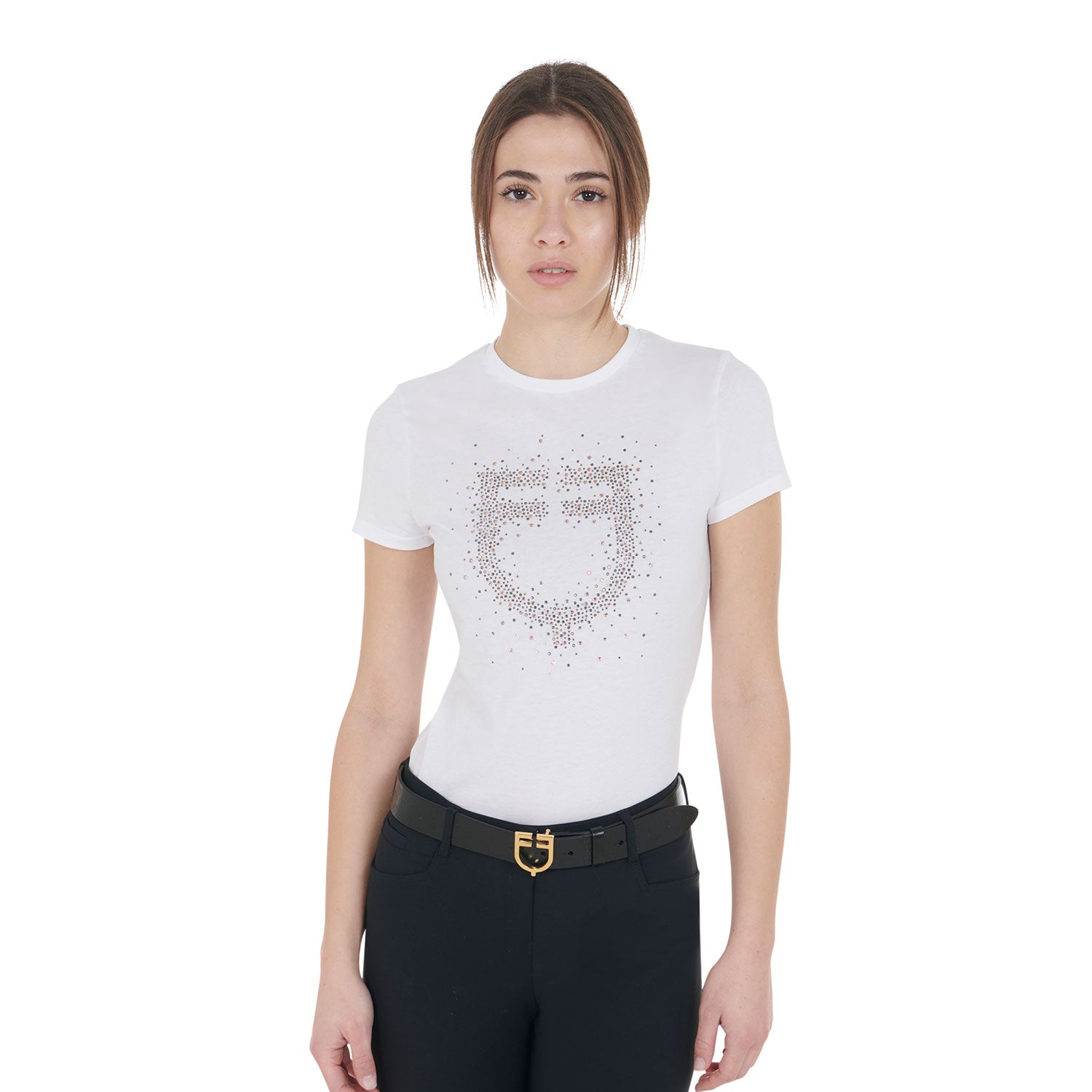 T-shirt donna slim fit logo Equestro strass rosa