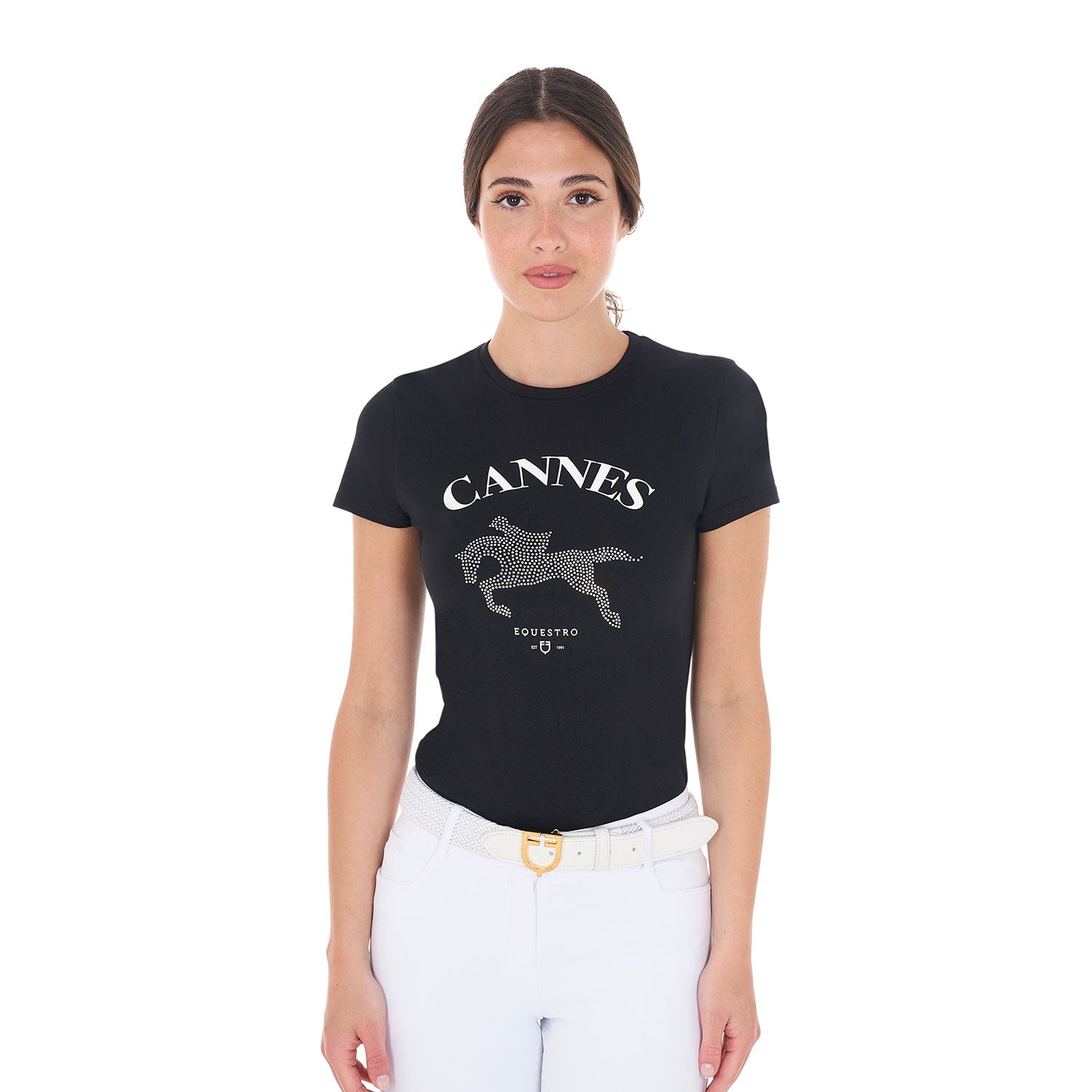 T-shirt donna Equestro Cannes in cotone con strass