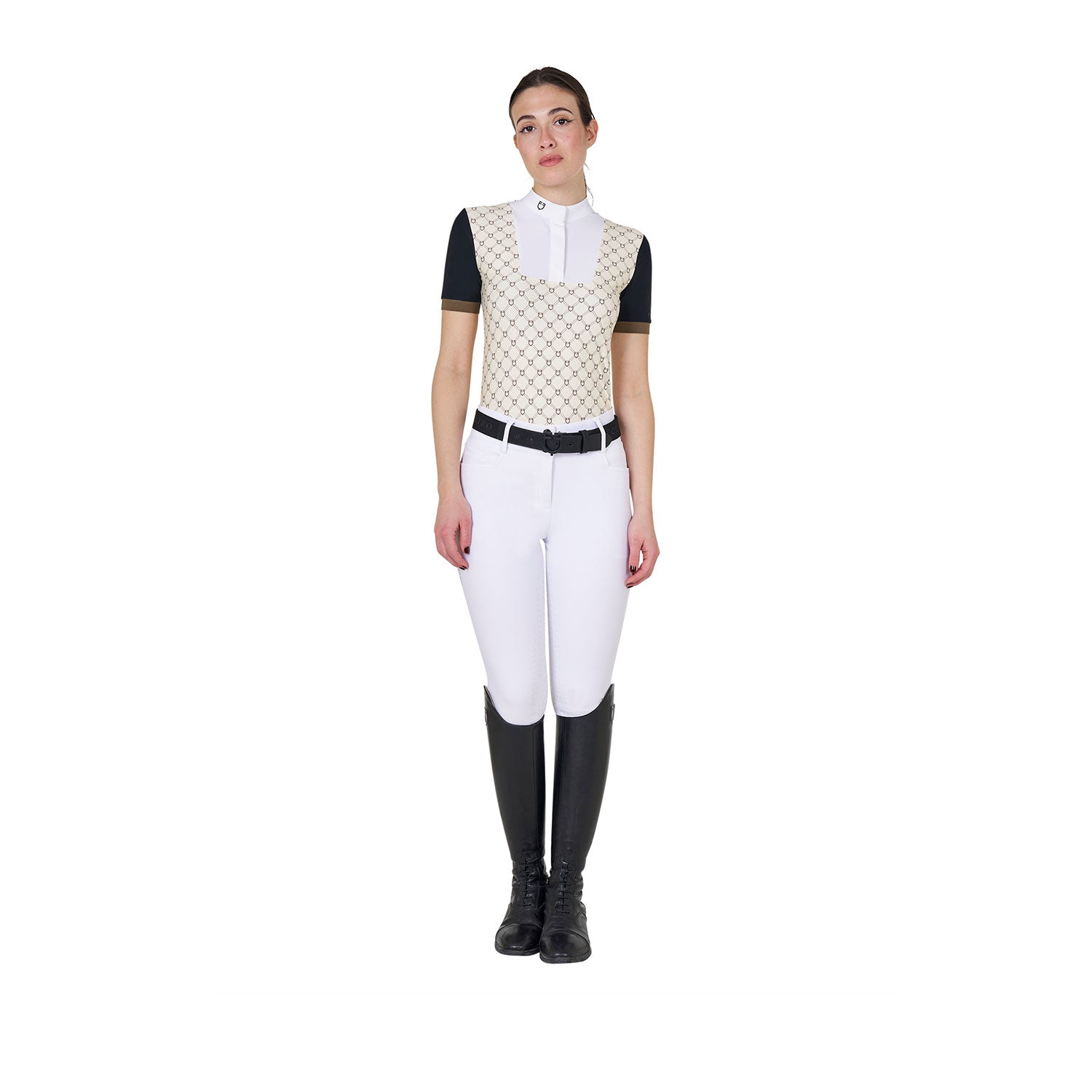Equestro women's competition monogram print polo shirt ss zip - Colore ANTIQUE WHITE (11-0105)/WALNUT (18-1112)