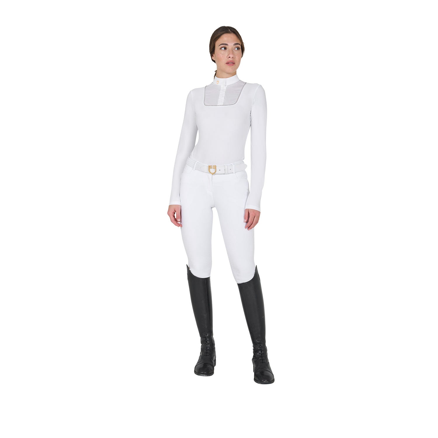 Equestro women's competition polo shirt ls buttons jersey - Colore WHITE