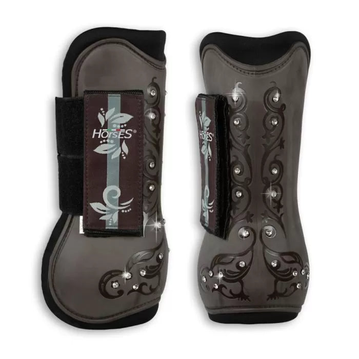 Protezioni paratendini stinchiere anteriori cavallo Horses marroni con Fiori e Strass