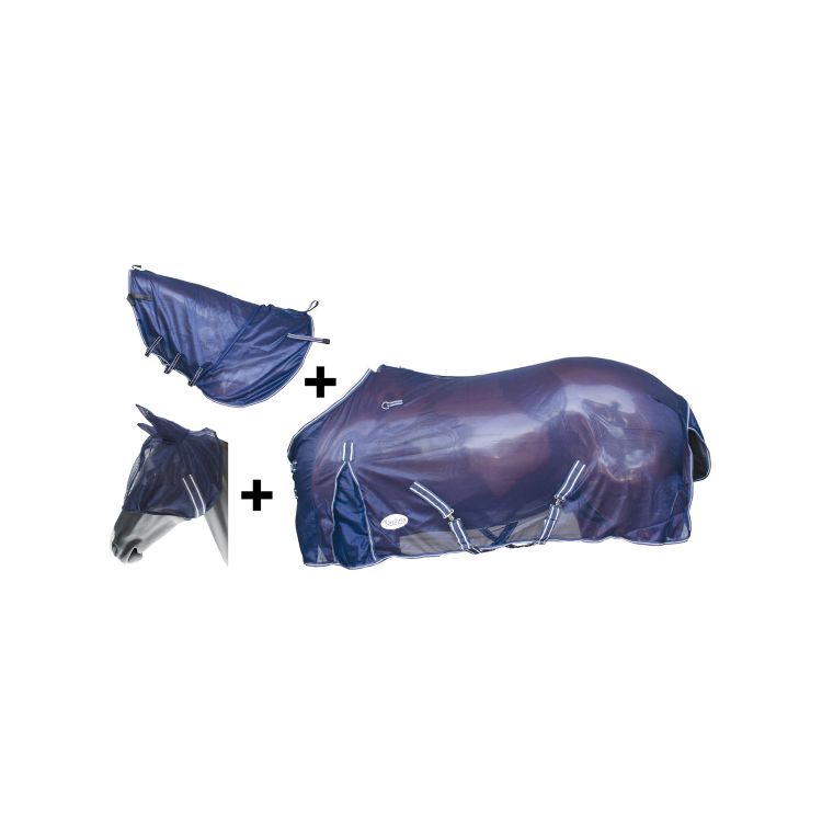 Coperta antimosche per cavalli completa di maschera e copricollo