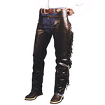 Chaps western in pelle invecchiata effetto pull-up con frange e chiusura laterale con zip