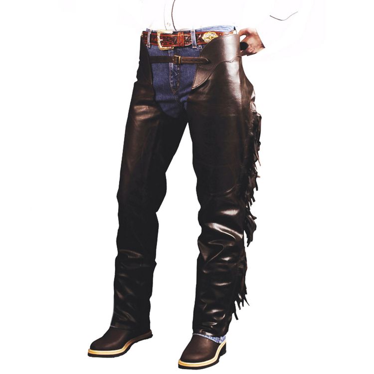 Chaps western in pelle invecchiata effetto pull-up con frange e chiusura laterale con zip