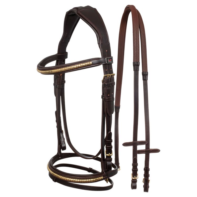 Testiera anatomica inglese in cuoio con Clincher completa di redini in gomma