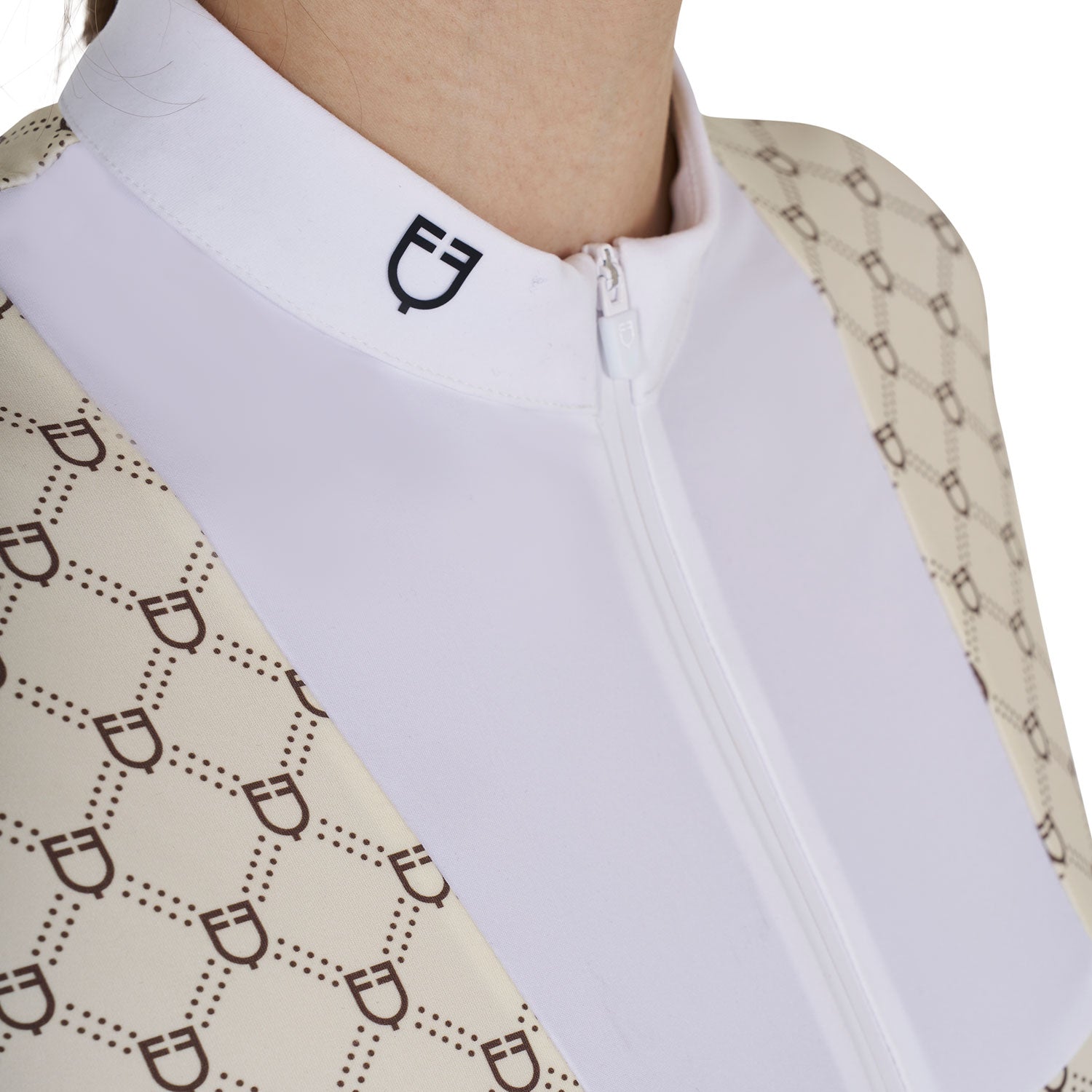 Equestro women's competition monogram print polo shirt ls zip - Colore ANTIQUE WHITE (11-0105)/WALNUT (18-1112)