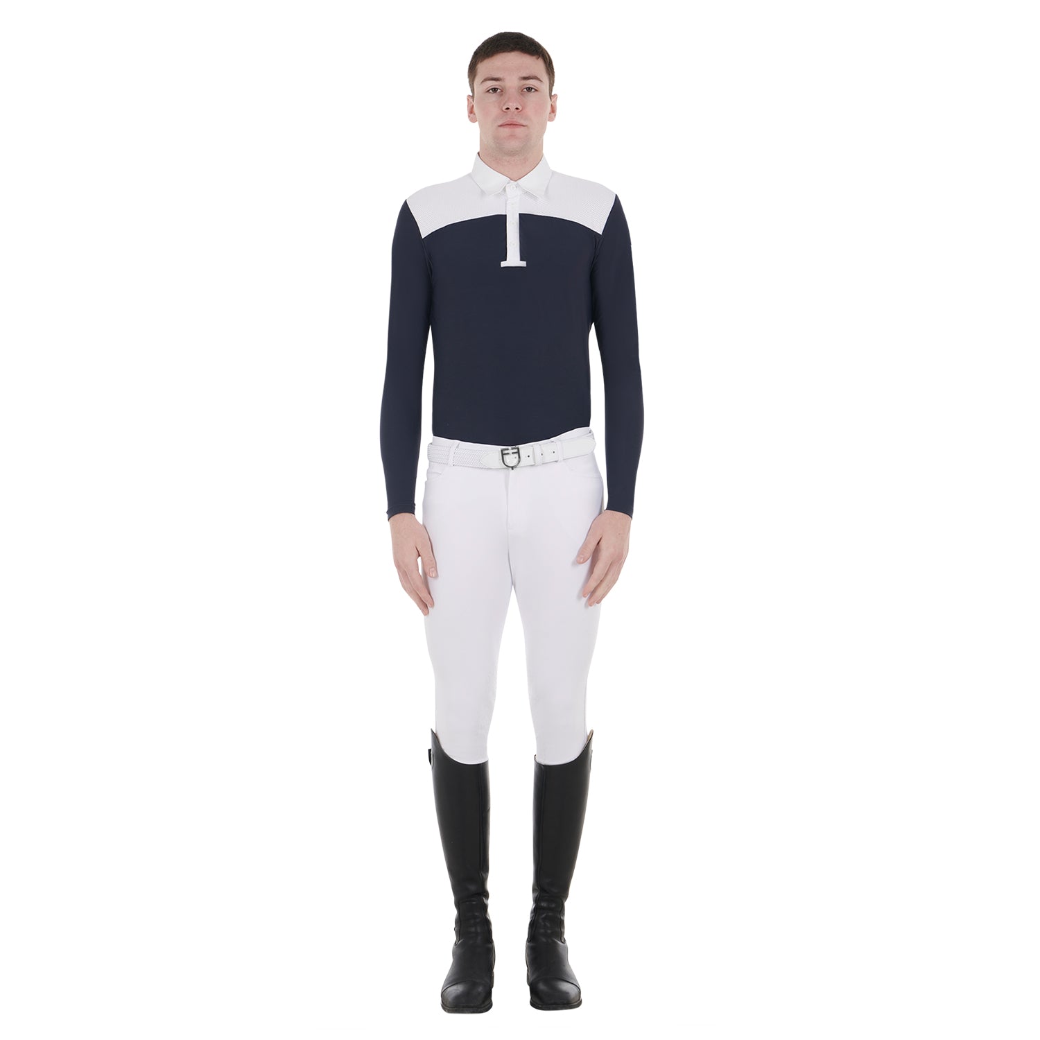 Equestro man competition jersey ls buttons polo - Colore WHITE/NAVY BLAZER (19-3923)