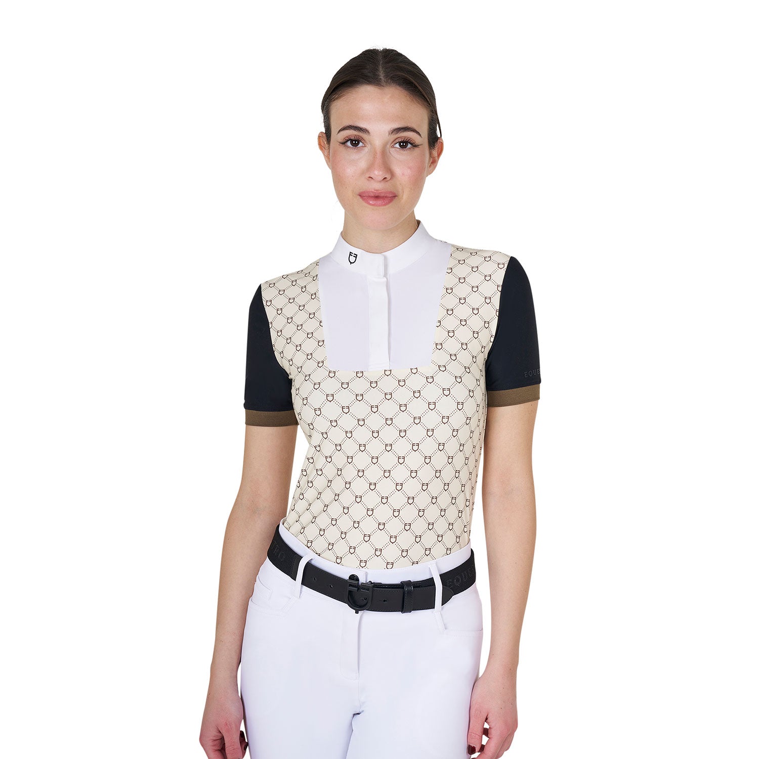 Equestro women's competition monogram print polo shirt ss zip - neutra