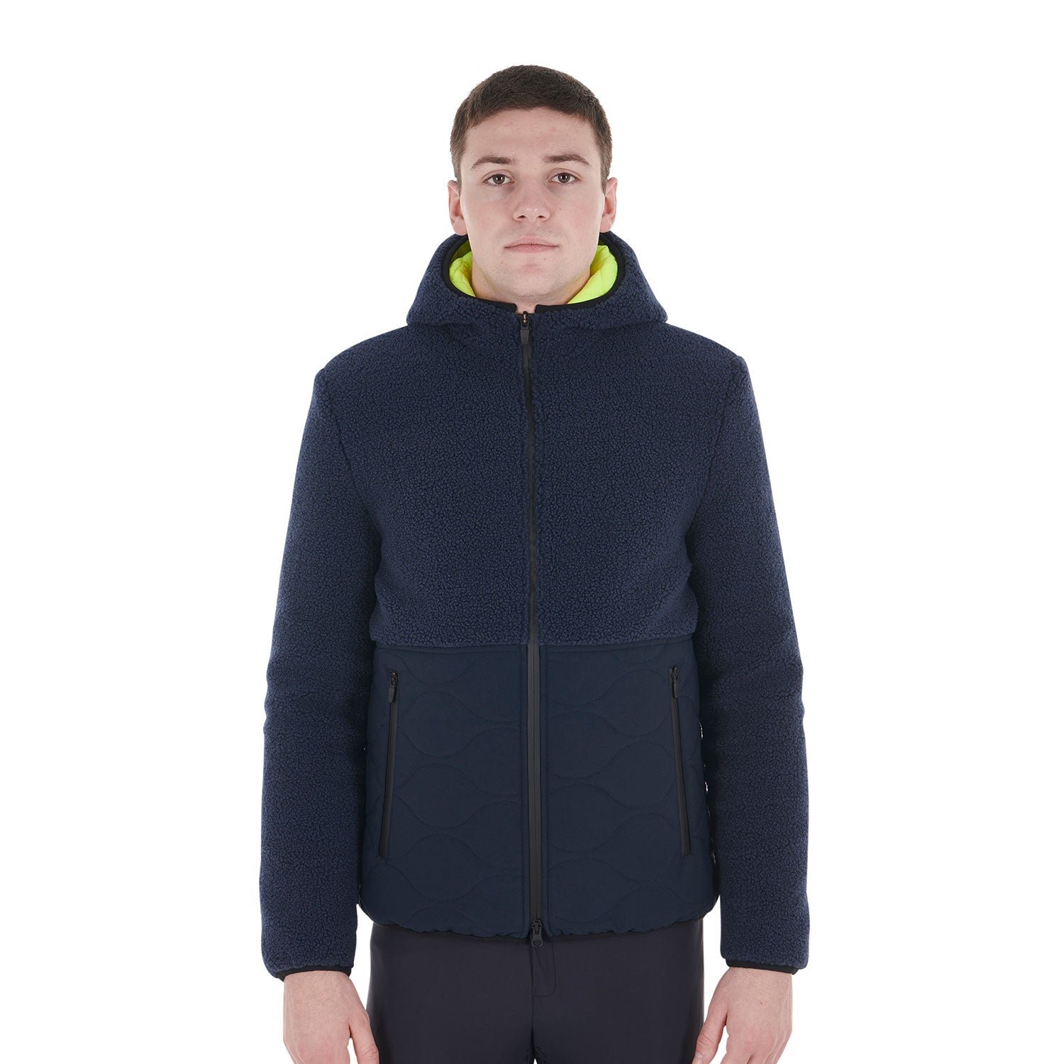 Equestro men's teddy + nylon full zip hybrid jacket with hood - neutra