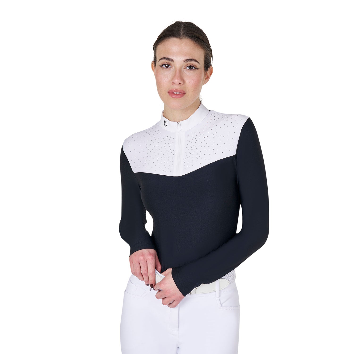 Equestro women's  black label collection competition strass polo shirt ls zip - neutra