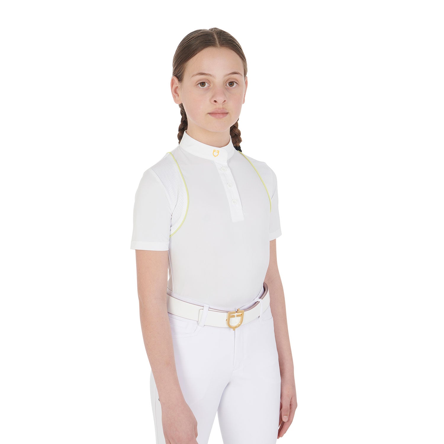 Equestro girl's competition polo shirt ss buttons - Colore WHITE/LIME