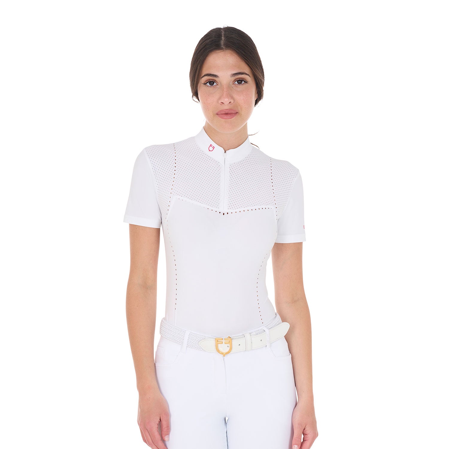 Equestro women's perforated competition polo shirt ss zip - neutra