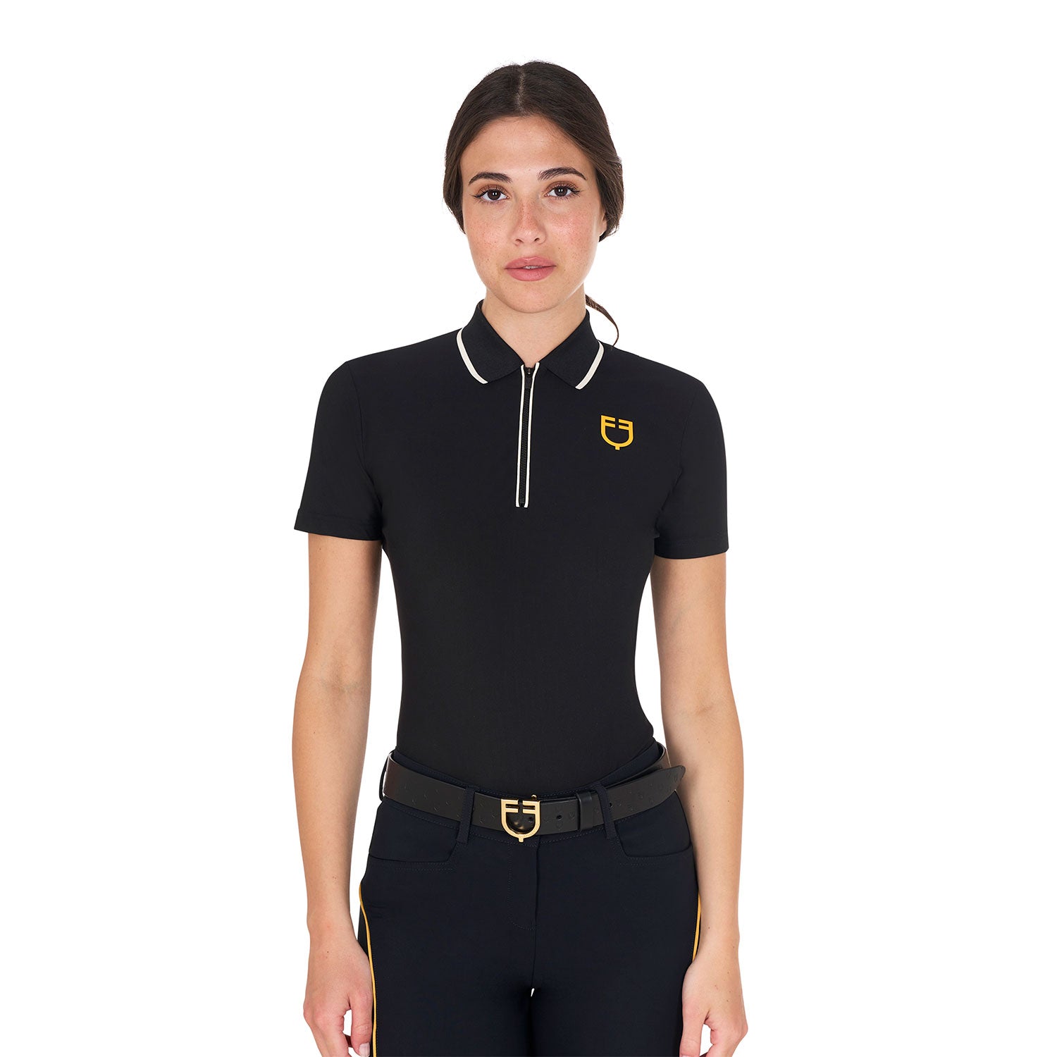 Equestro women's tecno stretch training polo shirt ss zip - Colore BLACK/ANTIQUE WHITE (11-0105)