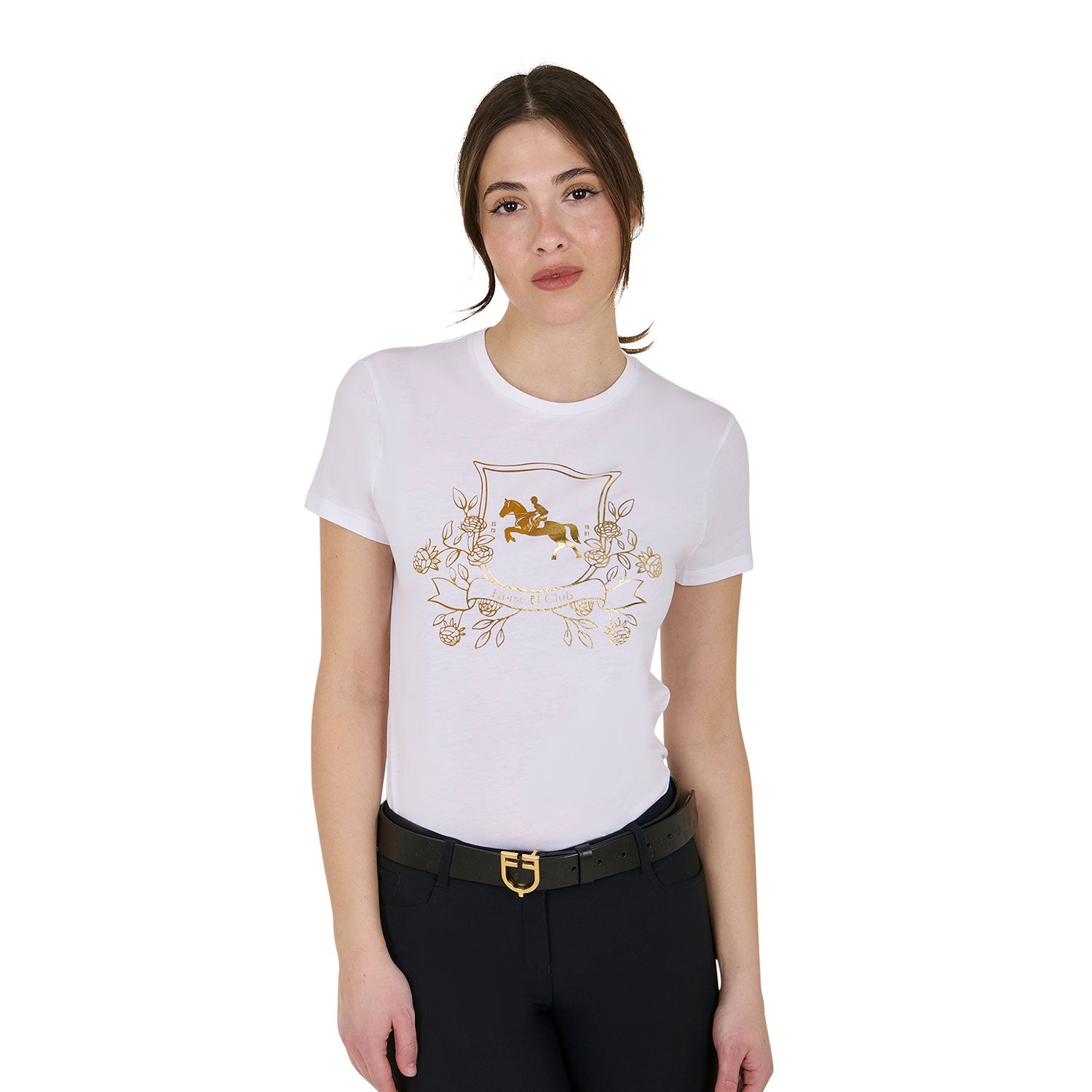 Equestro women's lamina horse club cotton t-shirt - neutra