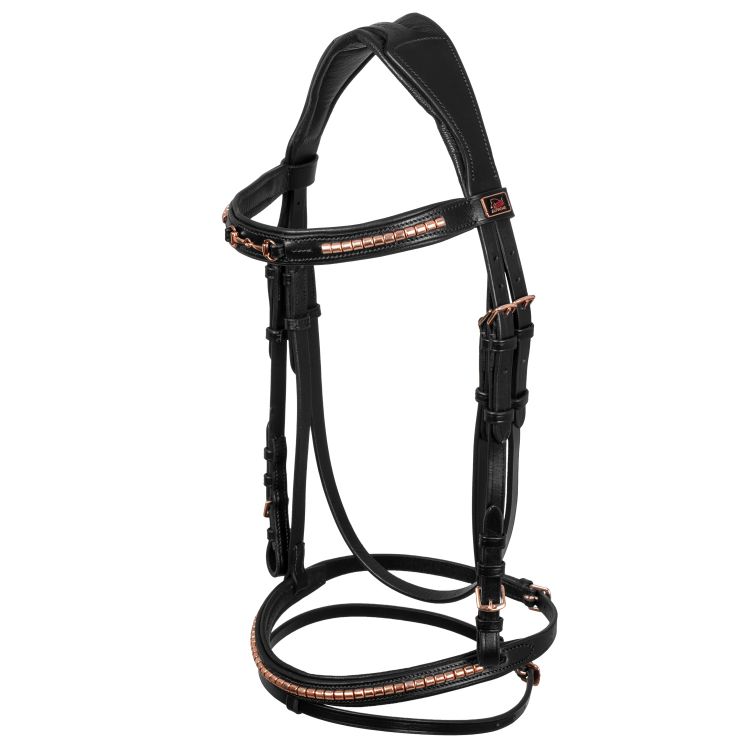 Testiera inglese Nera in morbido cuoio modello Snaffle con inserti Rose Gold