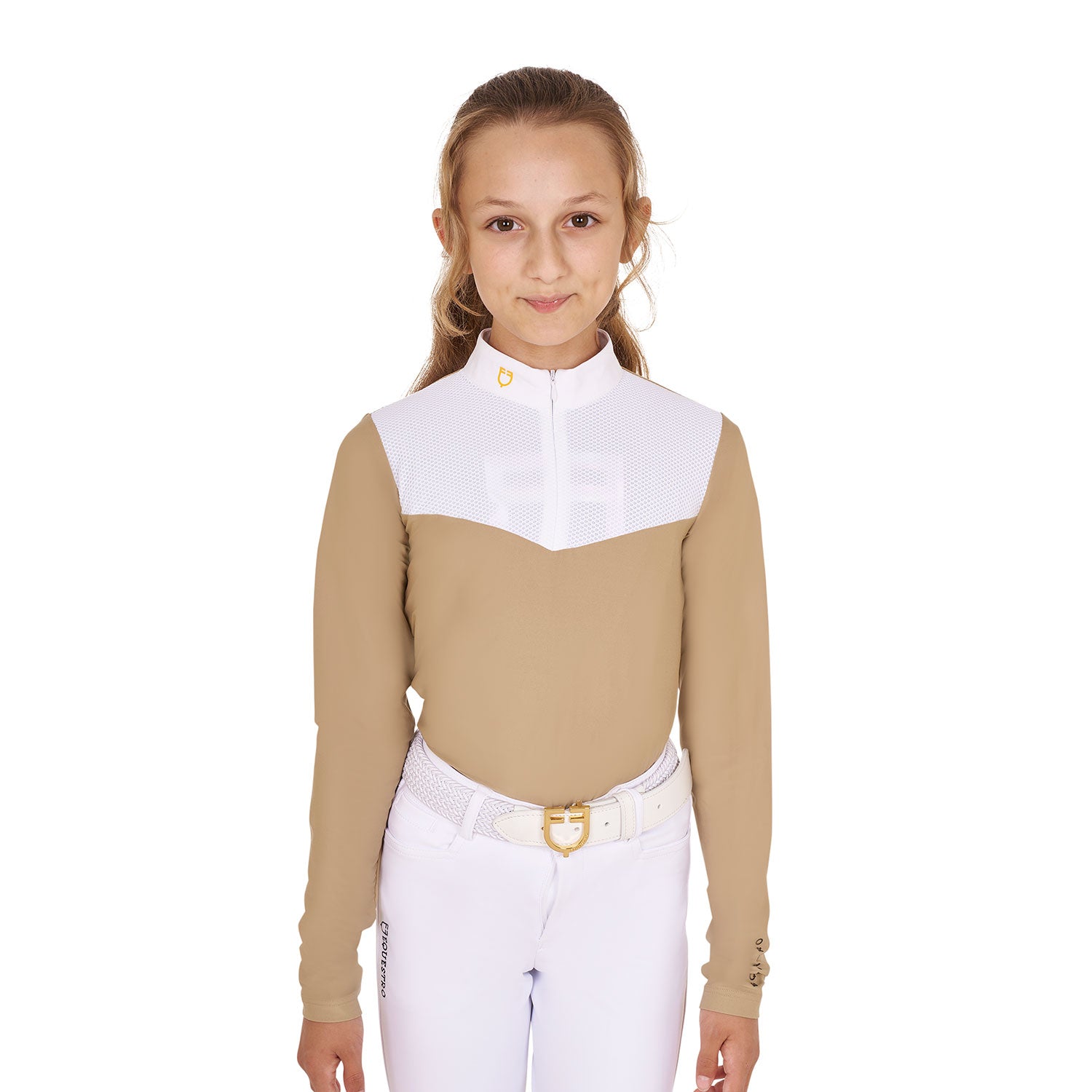 Equestro girl competition ls zip shirt 1/2 mesh - neutra