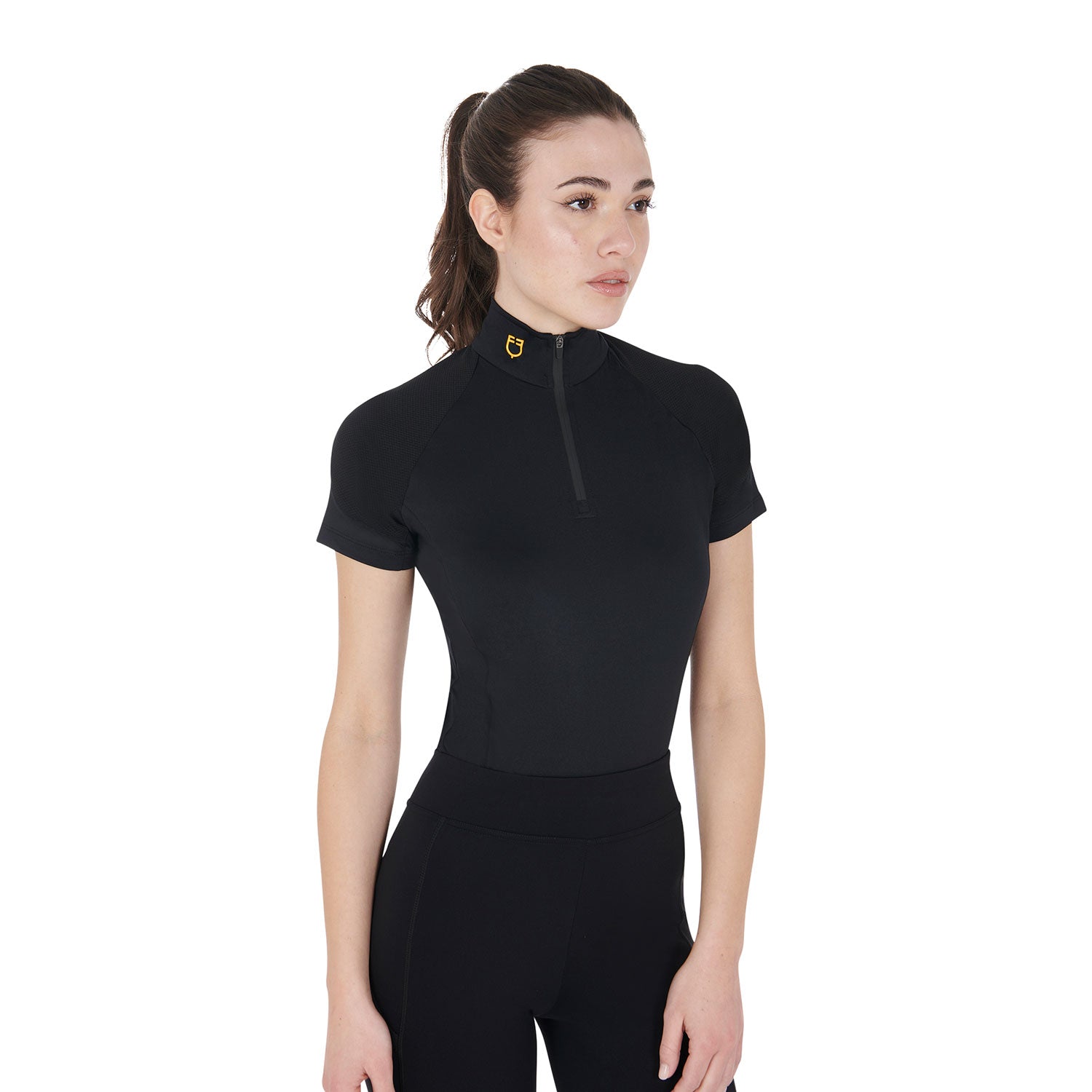 Equestro base layer donna equestro manica corta in tessuto tecnico - Colore BLACK/YELLOW 1235C