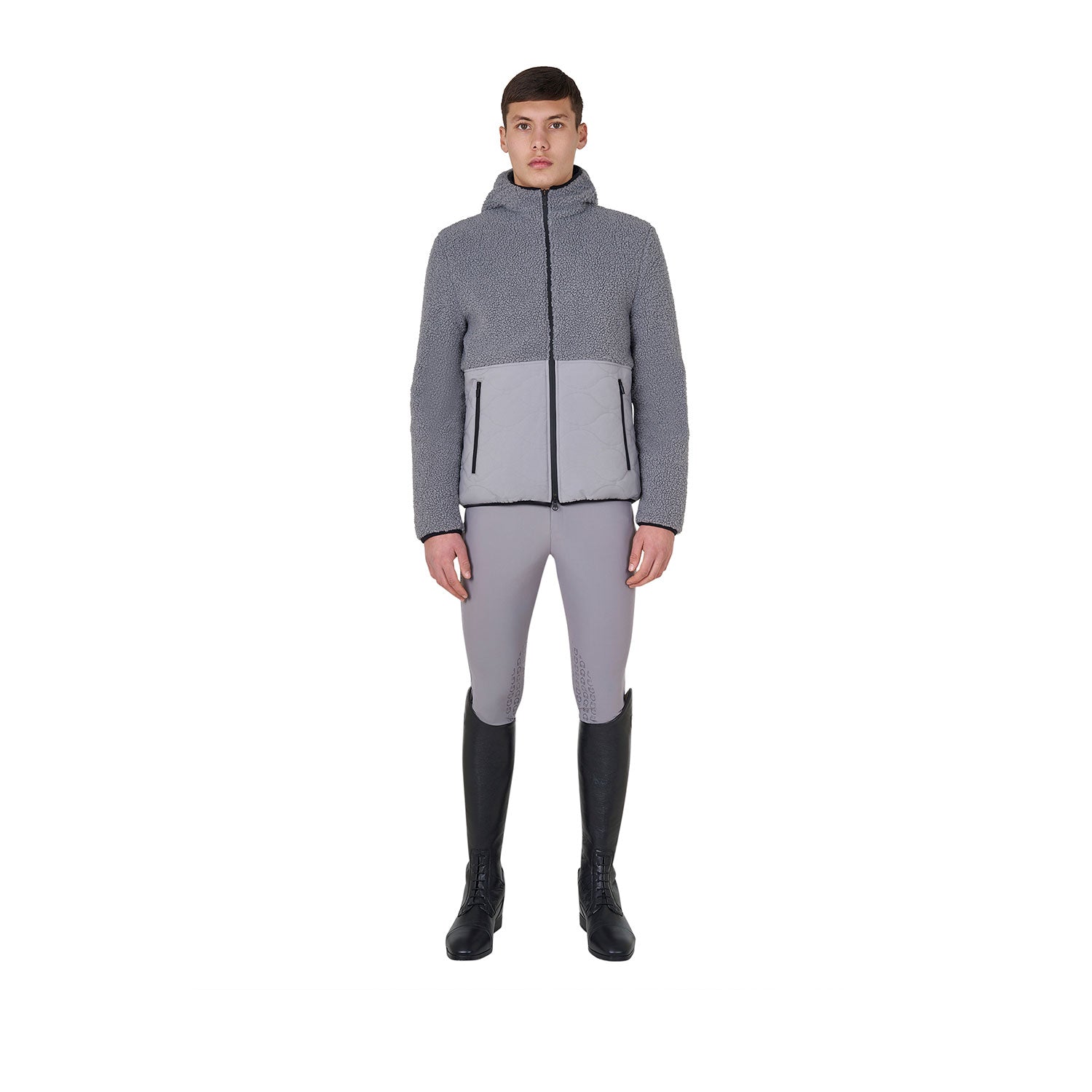 Equestro men's teddy + nylon full zip hybrid jacket with hood - Colore FROST GREY (17-0000)