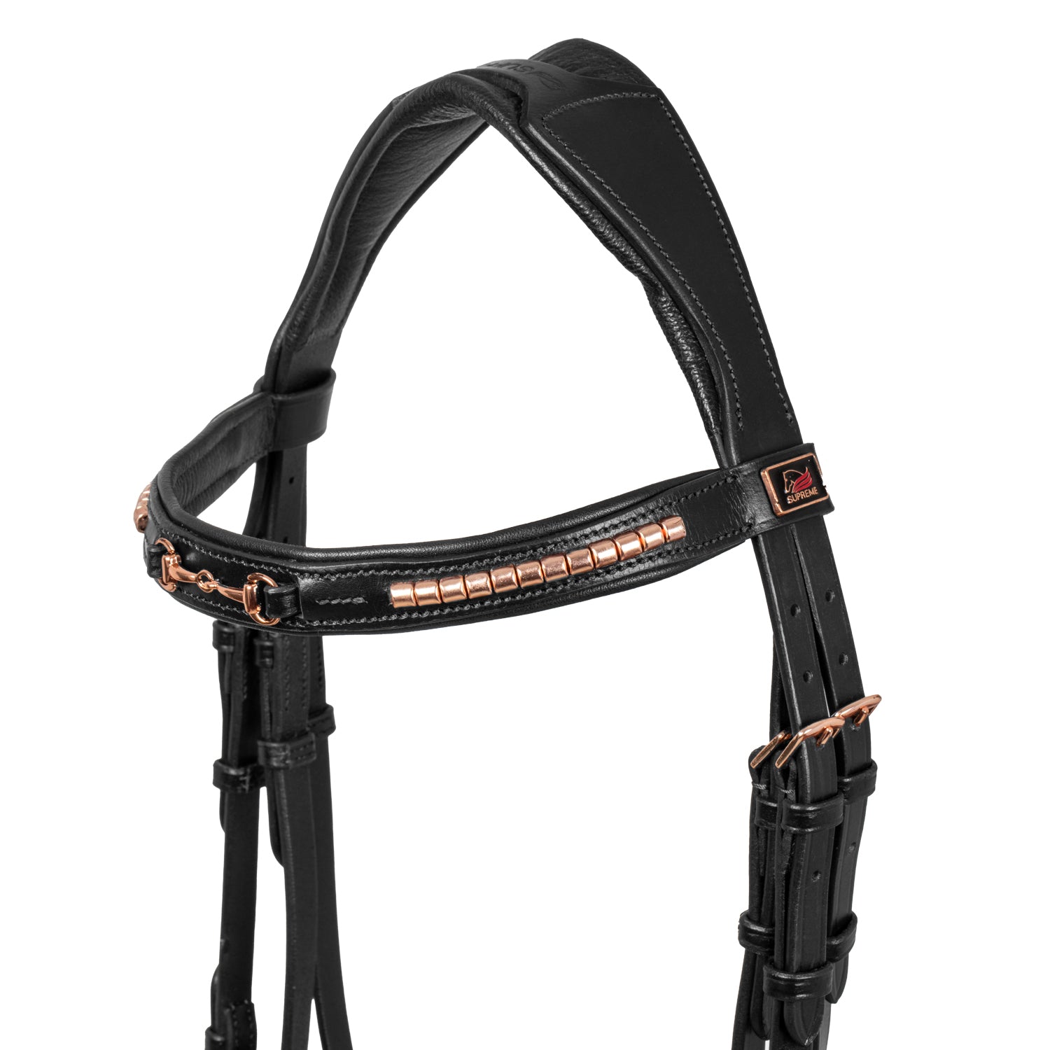 Testiera inglese Nera in morbido cuoio modello Snaffle con inserti Rose Gold