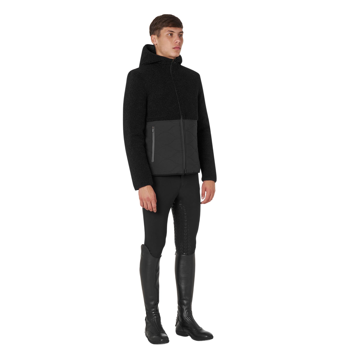 Equestro men's teddy + nylon full zip hybrid jacket with hood - Colore BLACK