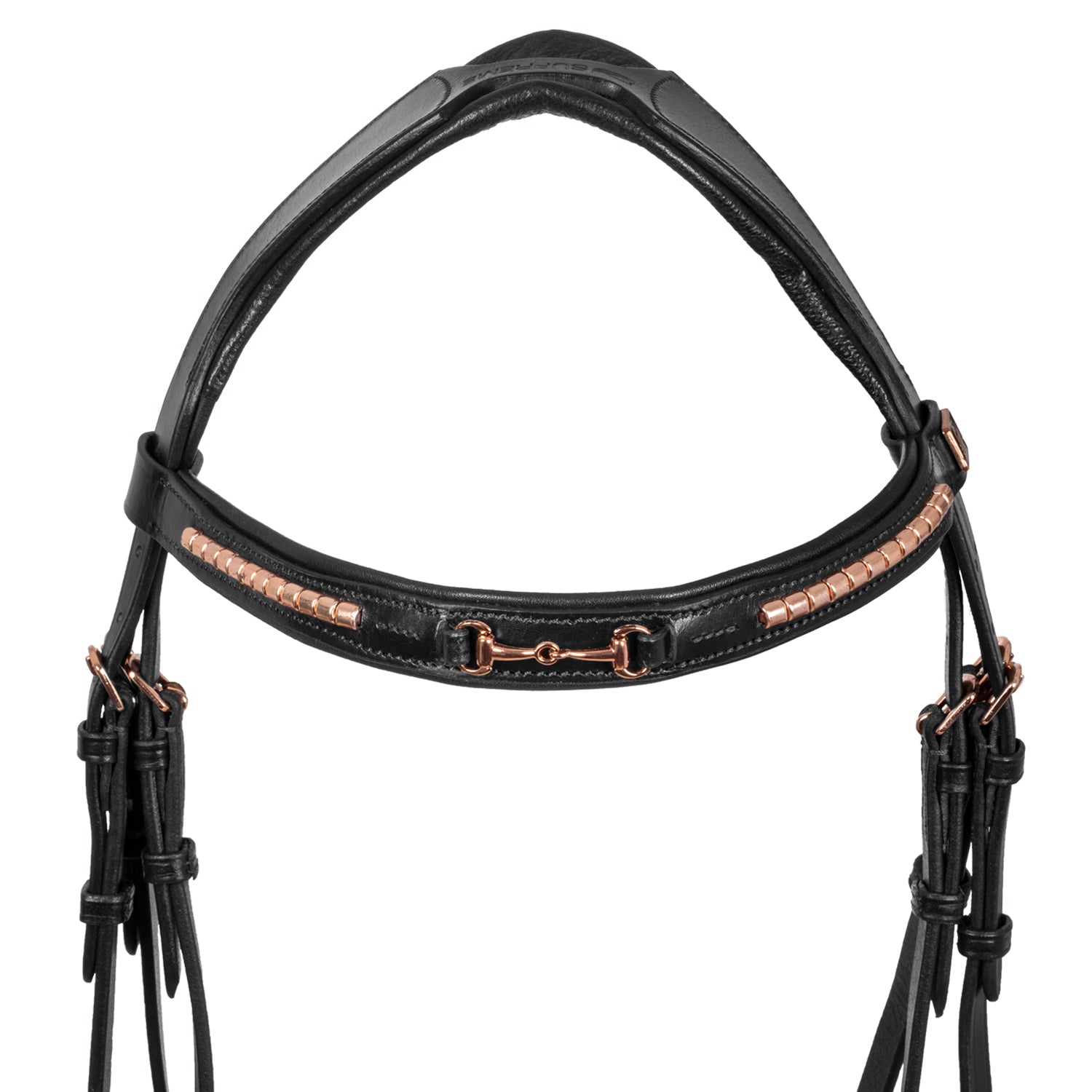 Testiera inglese Nera in morbido cuoio modello Snaffle con inserti Rose Gold