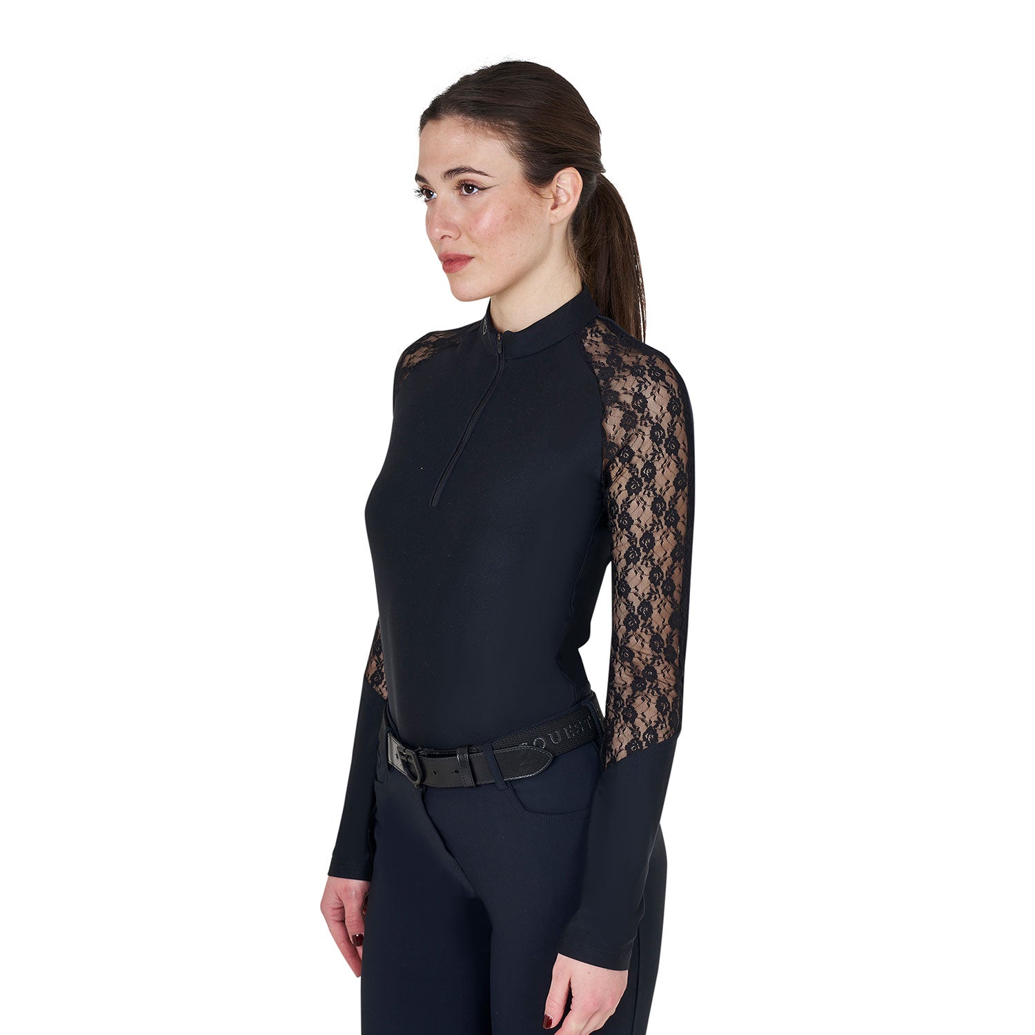 Equestro women's black label collection training lace polo shirt ls zip - Colore BLACK