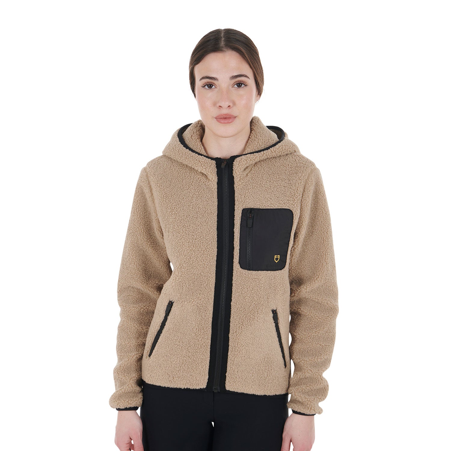 Equestro woman teddy full zip jacket with hood - neutra