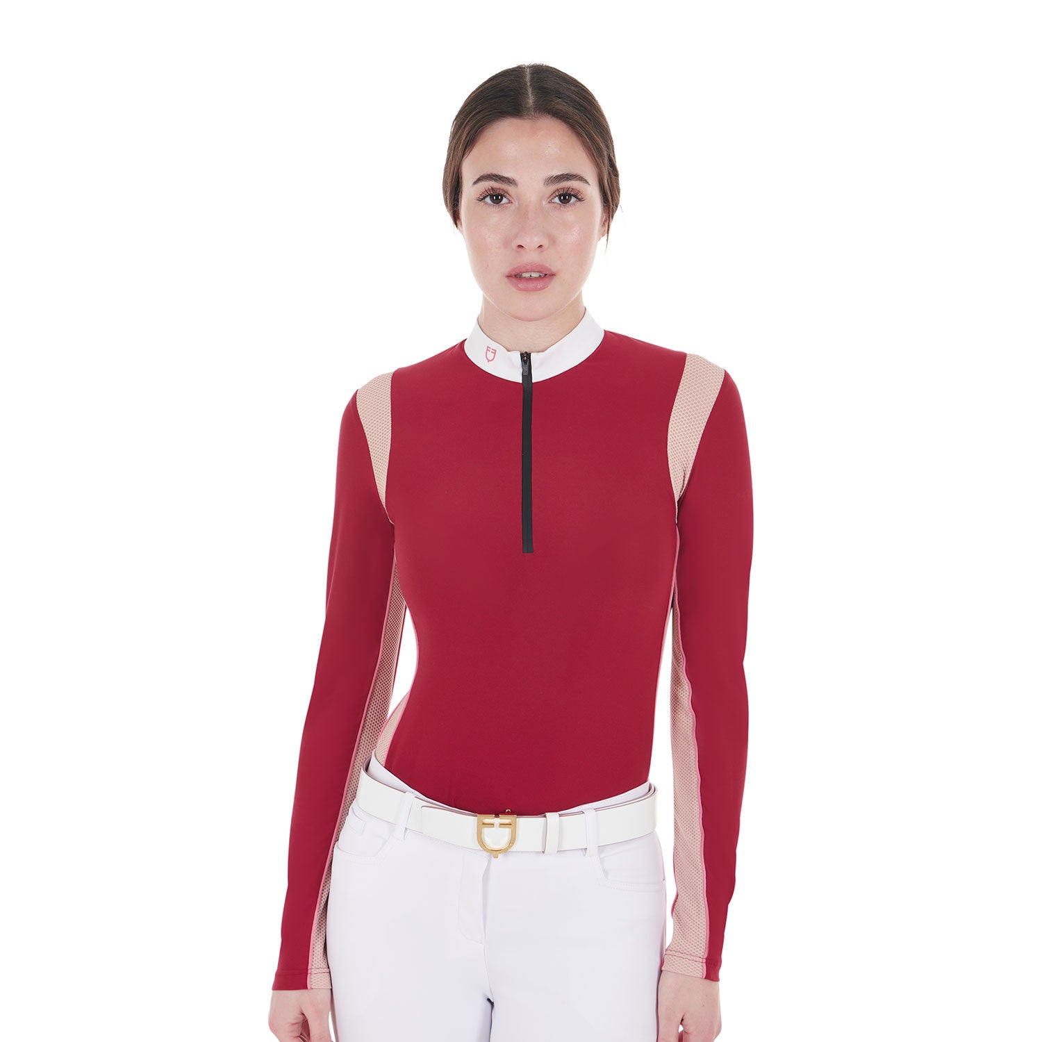 Equestro women's mesh insert competition polo shirt ls zip - neutra