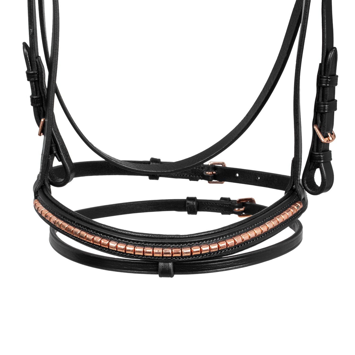 Testiera inglese Nera in morbido cuoio modello Snaffle con inserti Rose Gold