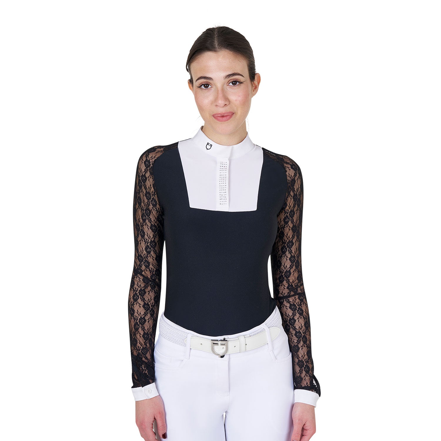 Equestro women's  black label collection competition lace polo shirt ls button - neutra
