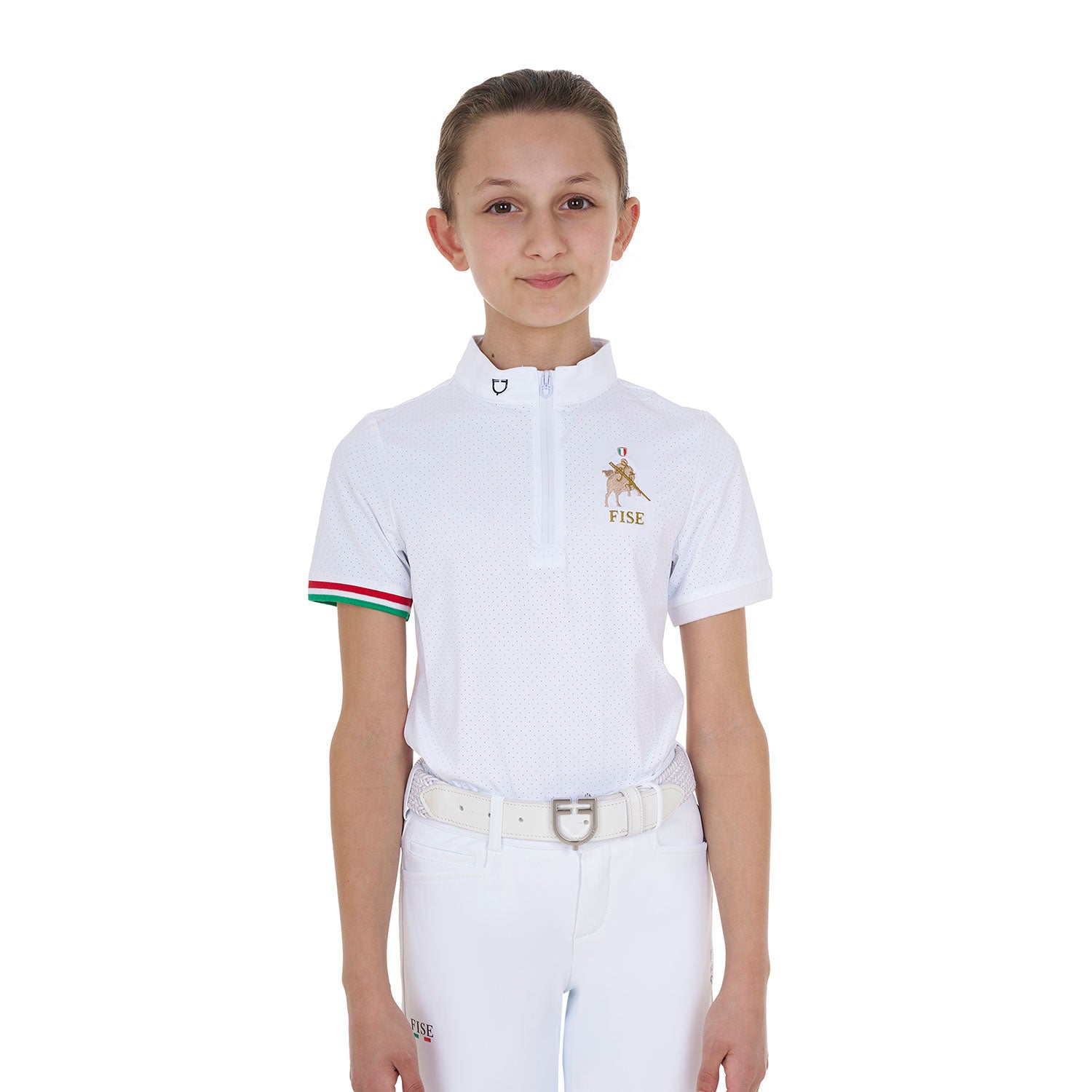 Equestro girl's competition polo zip ss flag  equestroxfise - neutra