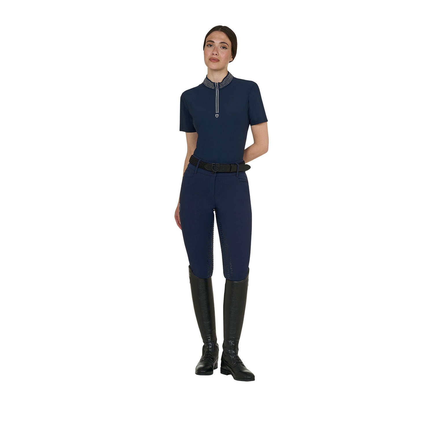 Equestro women's collar strass training polo shirt ss zip - Colore NAVY BLAZER (19-3923)