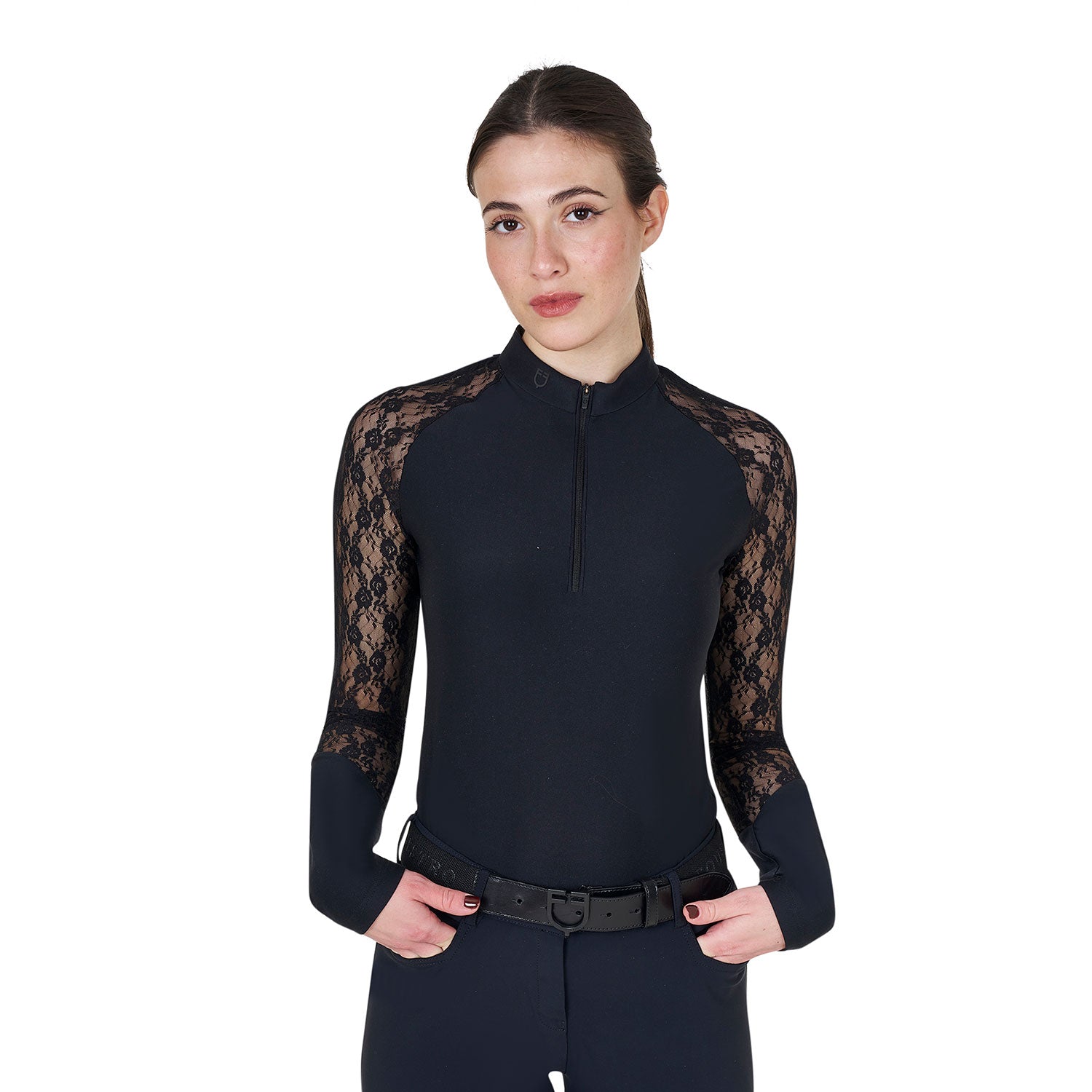 Equestro women's black label collection training lace polo shirt ls zip - neutra