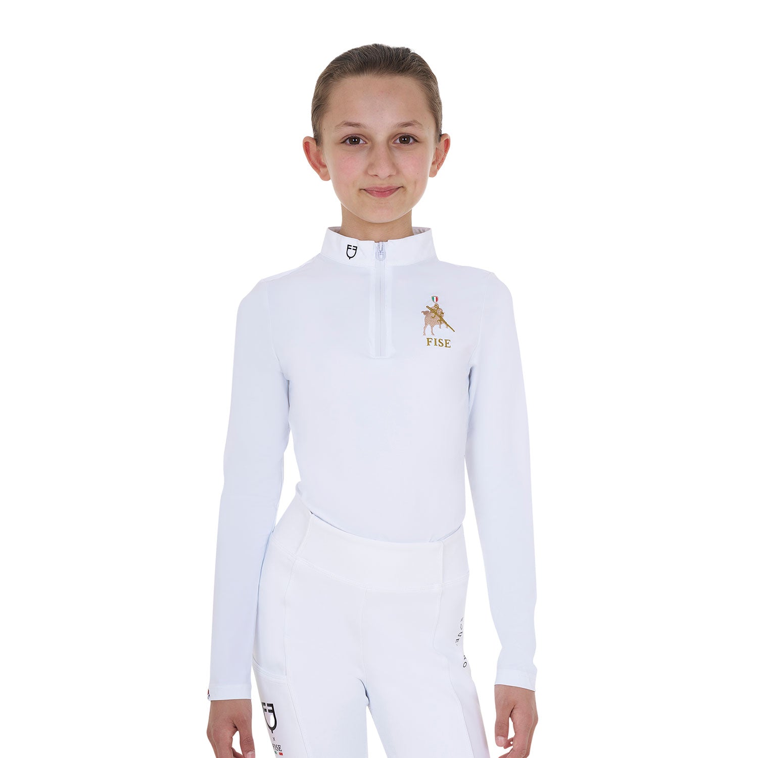Equestro girl's competition polo zip ls flag  equestroxfise - neutra