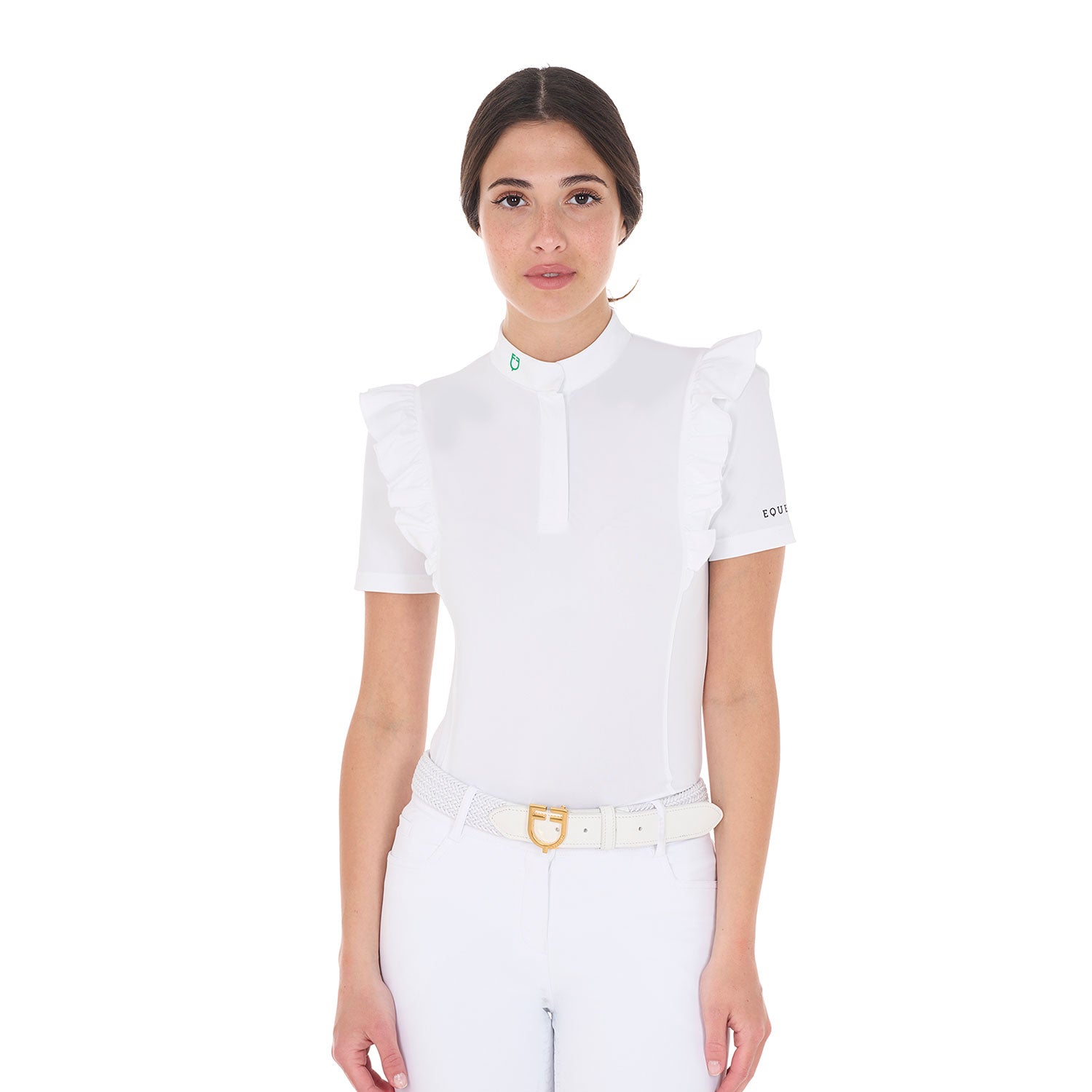 Equestro women's ruches competition polo shirt ss buttons - neutra