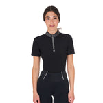 Equestro women's collar strass training polo shirt ss zip - Colore BLACK