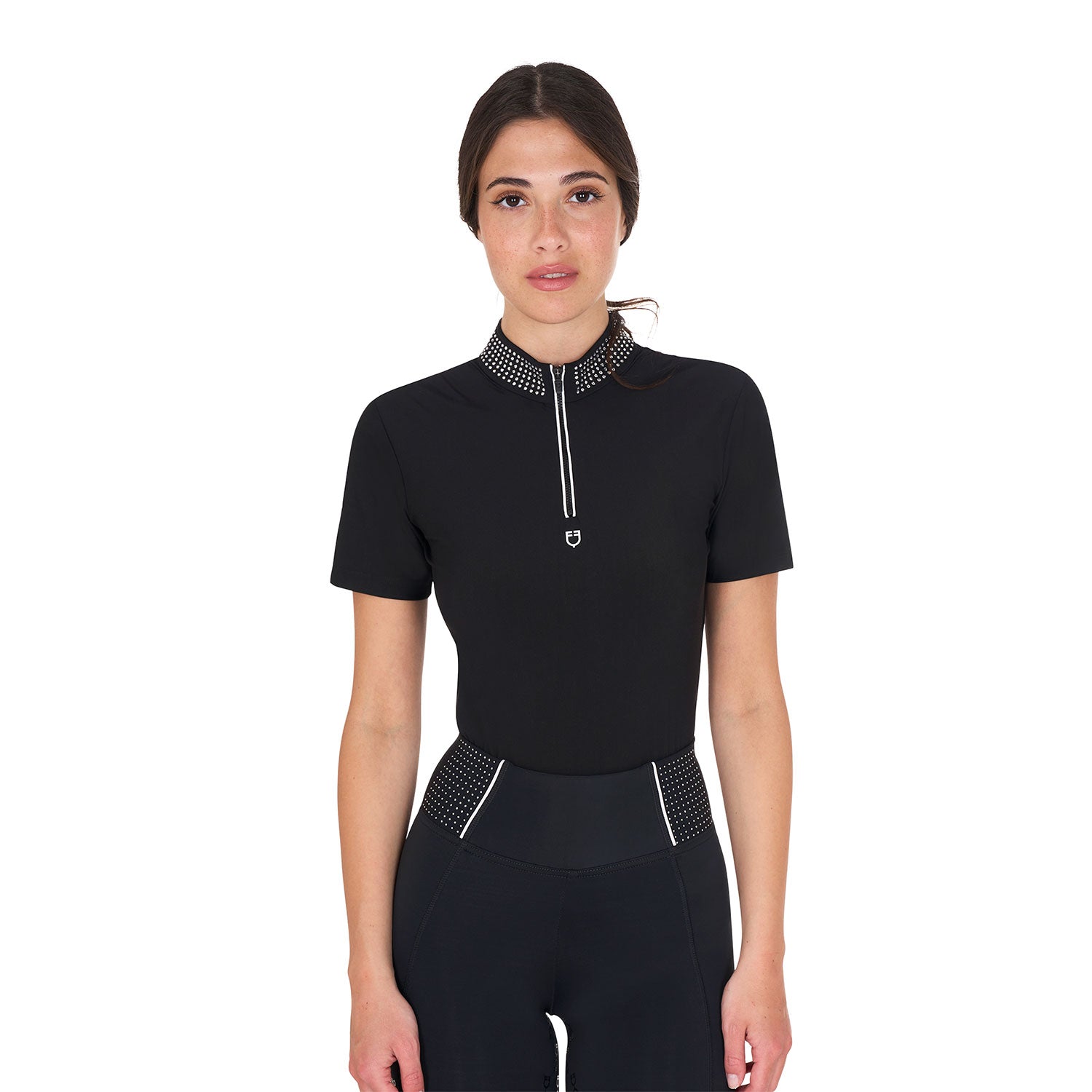 Equestro women's collar strass training polo shirt ss zip - Colore BLACK