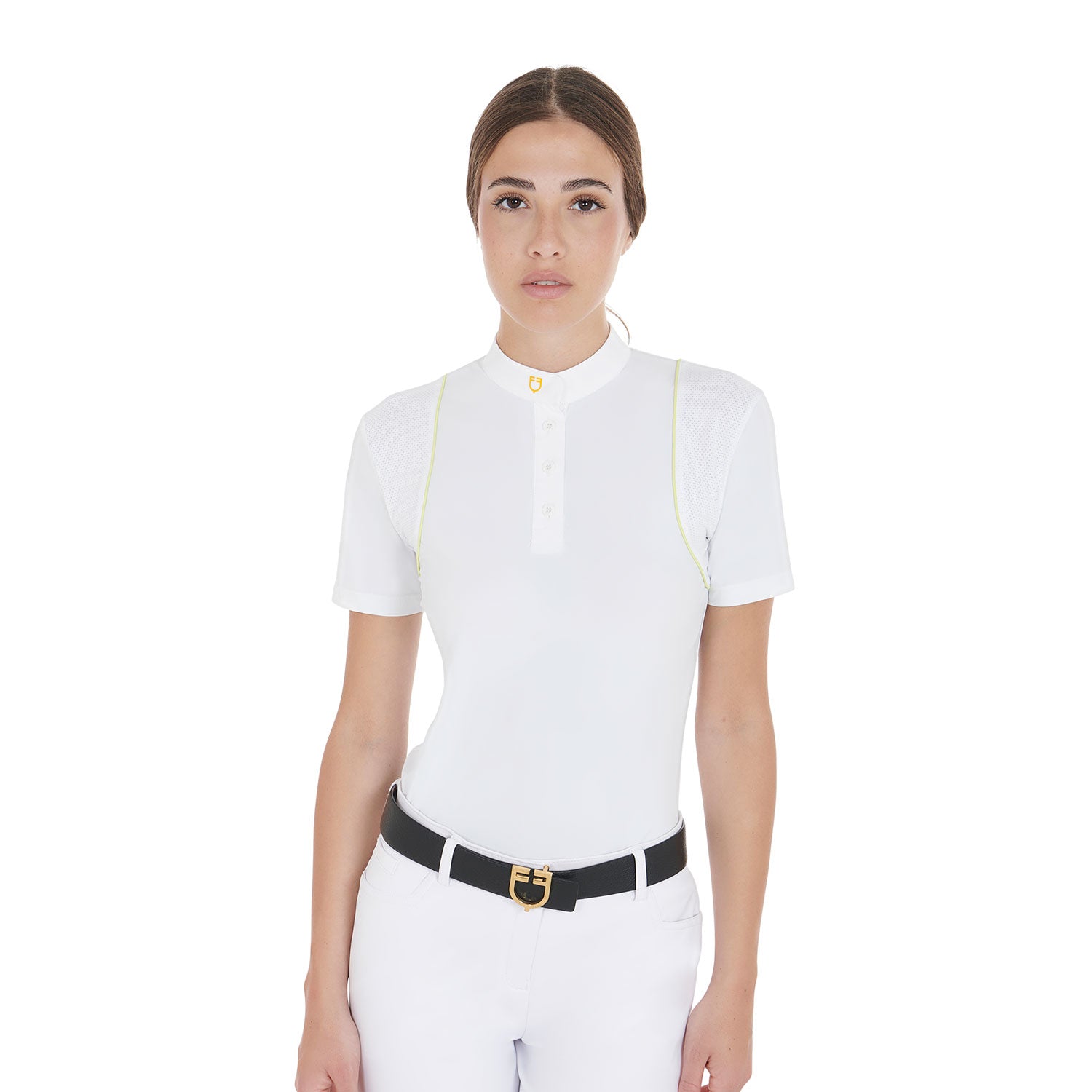 Equestro women's competition polo shirt ss buttons - Colore WHITE/LIME