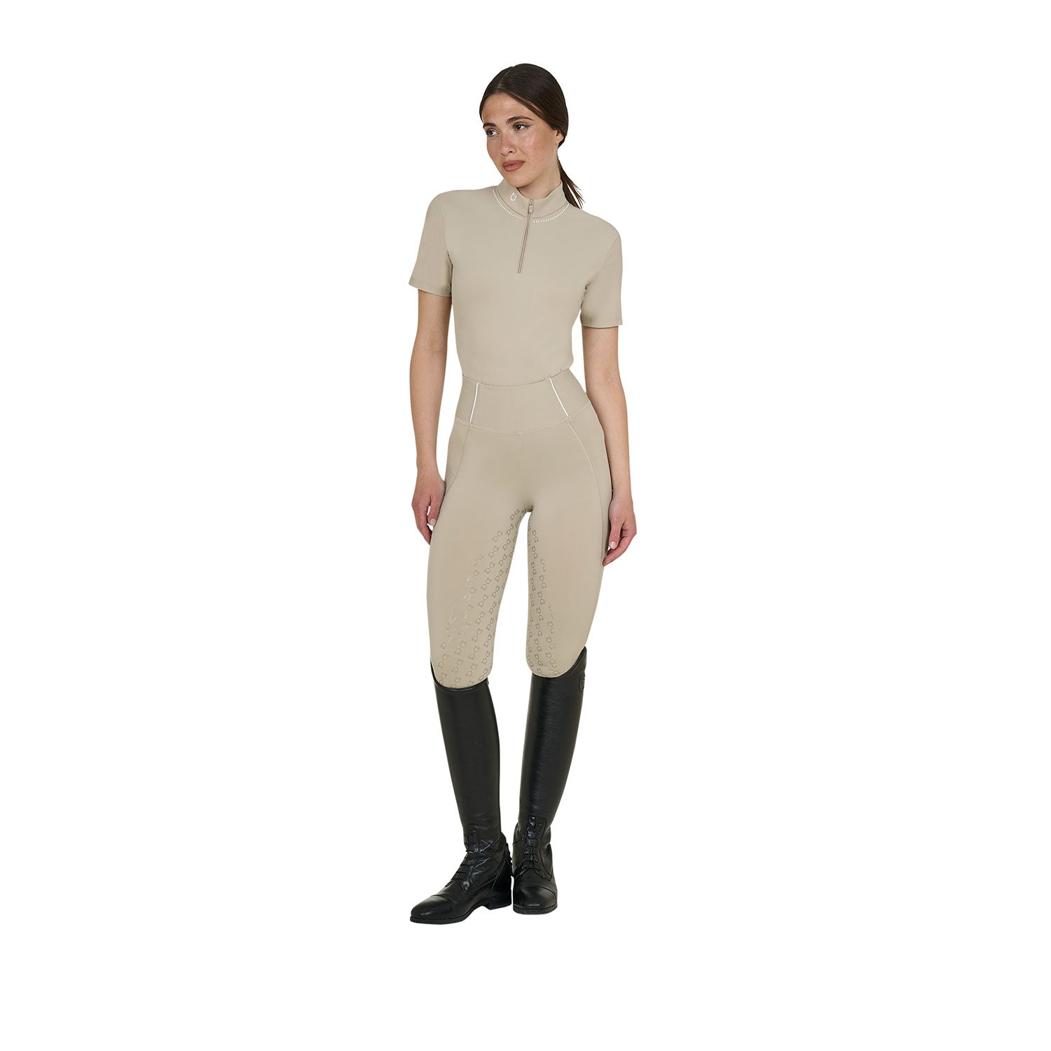 Equestro women's pearl training polo shirt ss zip - Colore OXFORD TAN (15-1306)